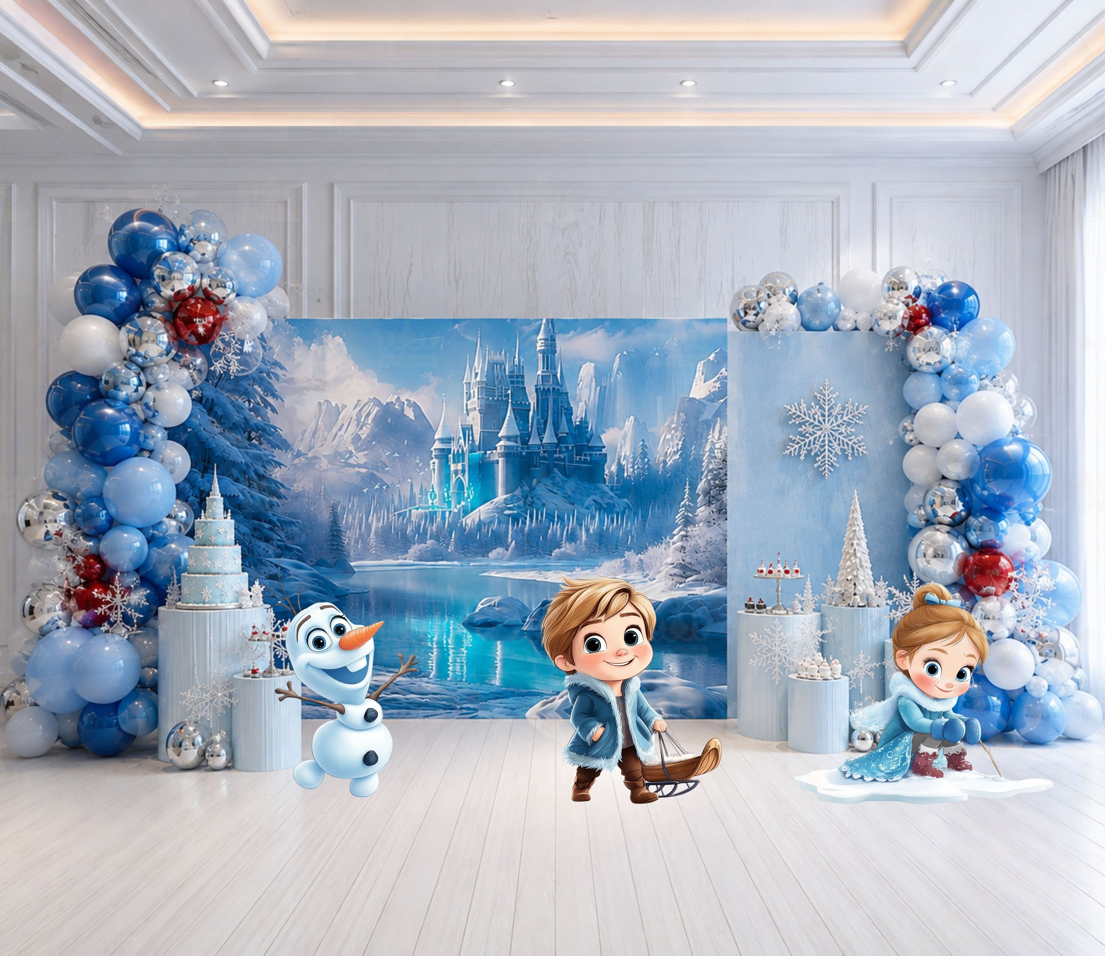 Ice princess birthday backdrop and matching cutouts styled with blue and white balloon decorations