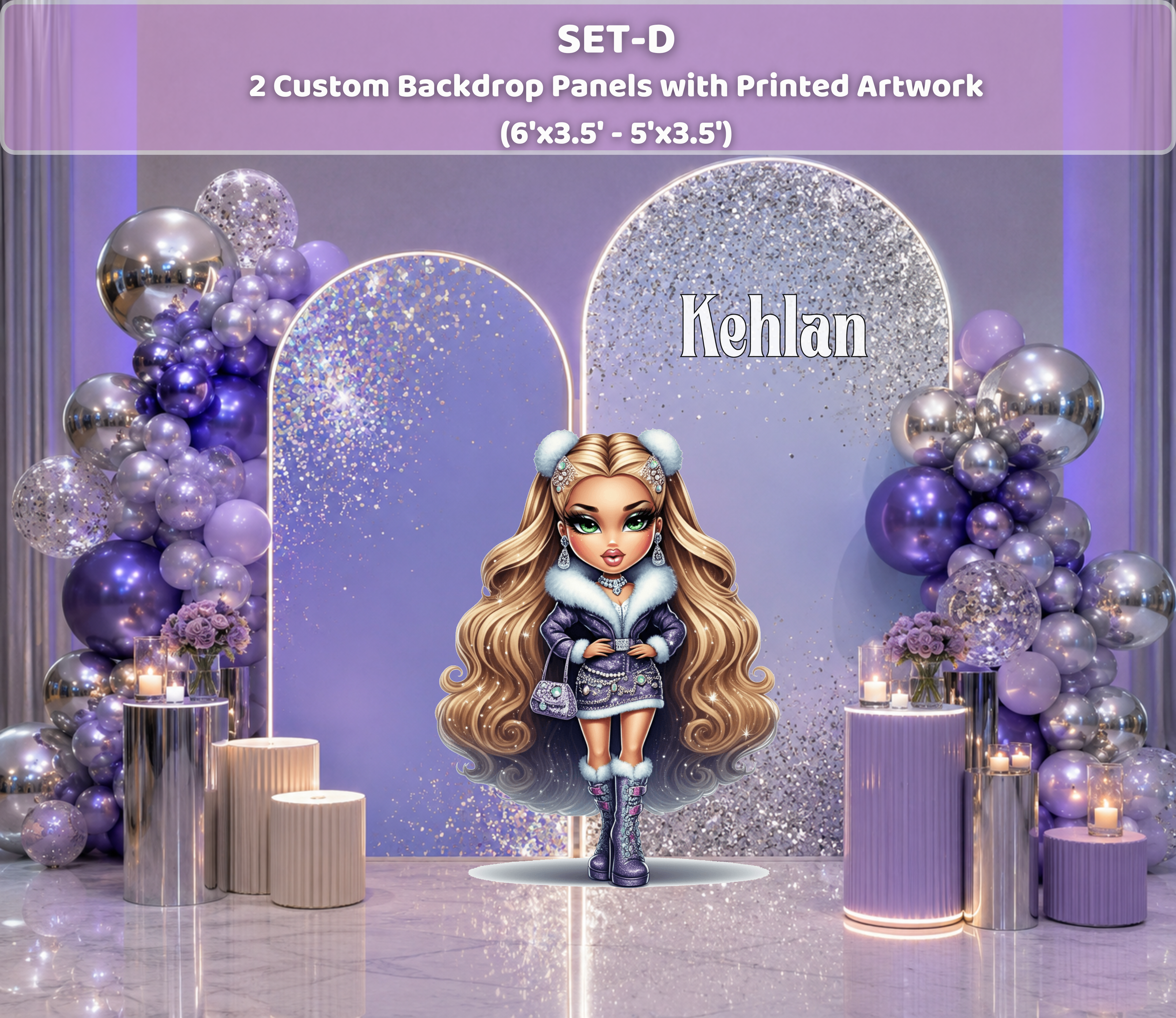 Custom Glam Fashion Doll Birthday Backdrop & Cutouts | Personalized Girly Party Decorations
