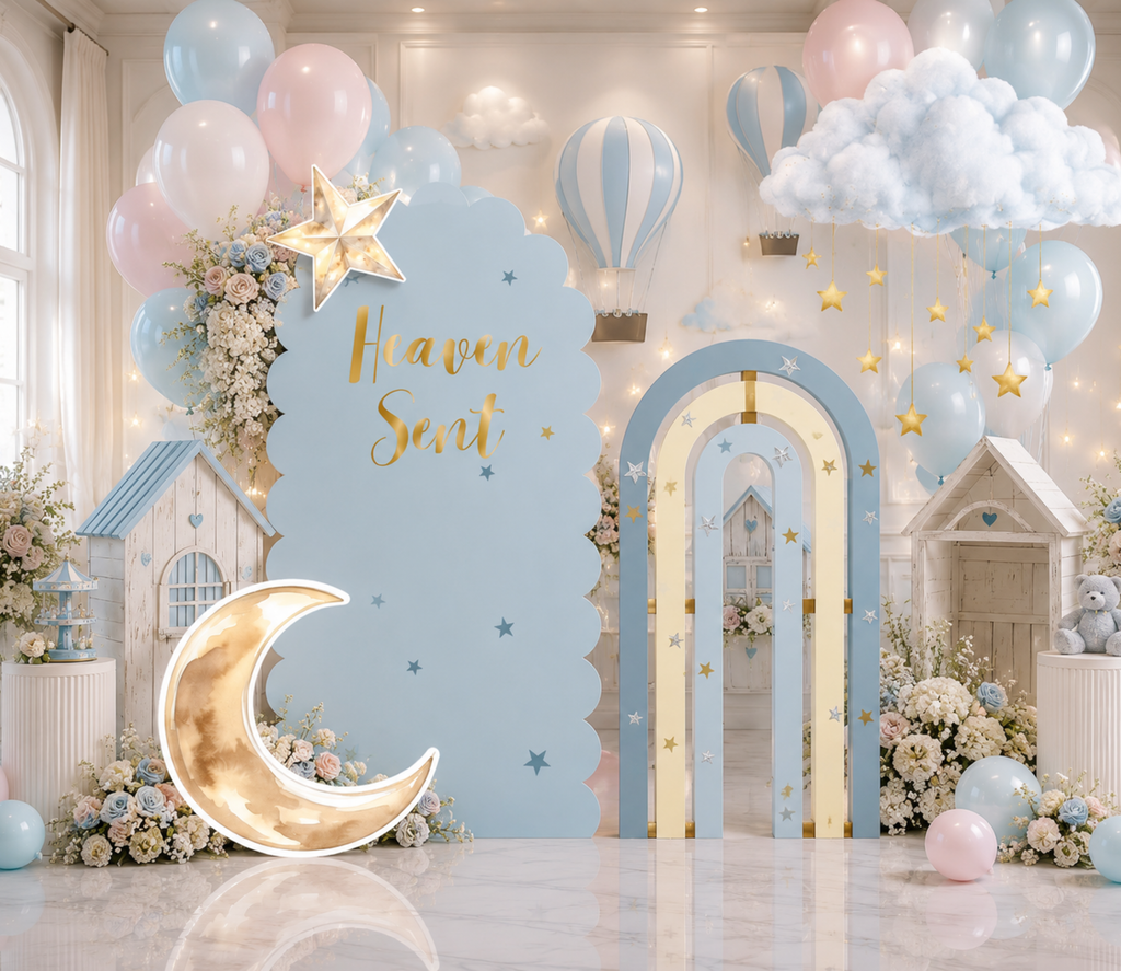 Personalized Heaven Sent Baby Shower Decorations | Celestial Moon & Stars Backdrop & Cutouts | Cloud Baby Boy Party Decor (Copy)