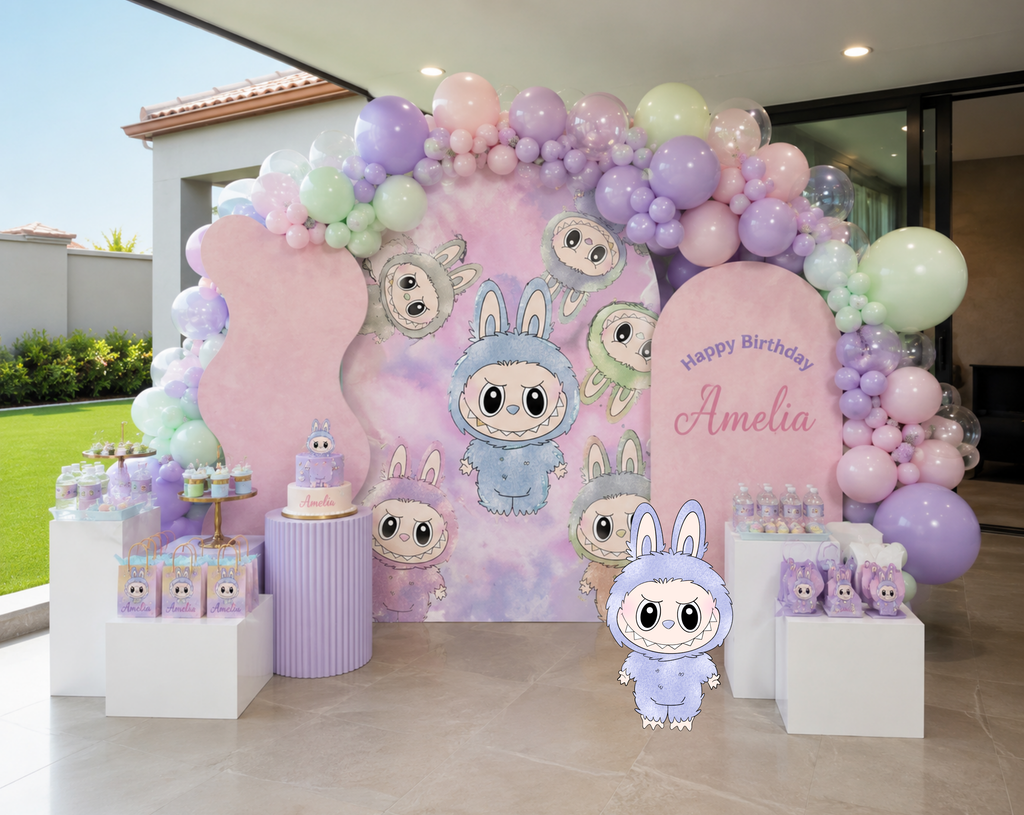 Cute Monster Birthday Backdrop & Cutouts | Personalized Kawaii Pastel Party Decorations