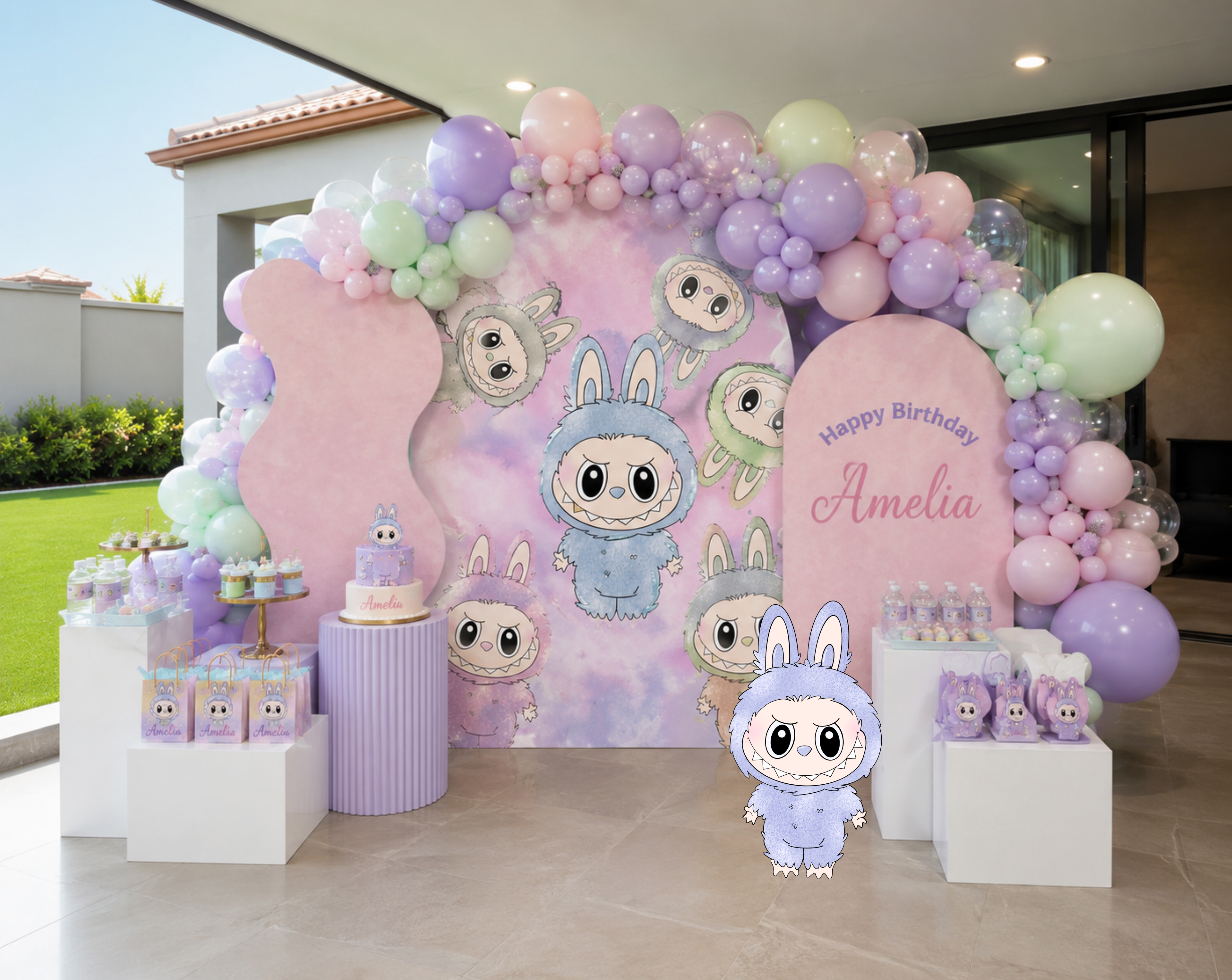 Cute Monster Birthday Backdrop & Cutouts | Personalized Kawaii Pastel Party Decorations