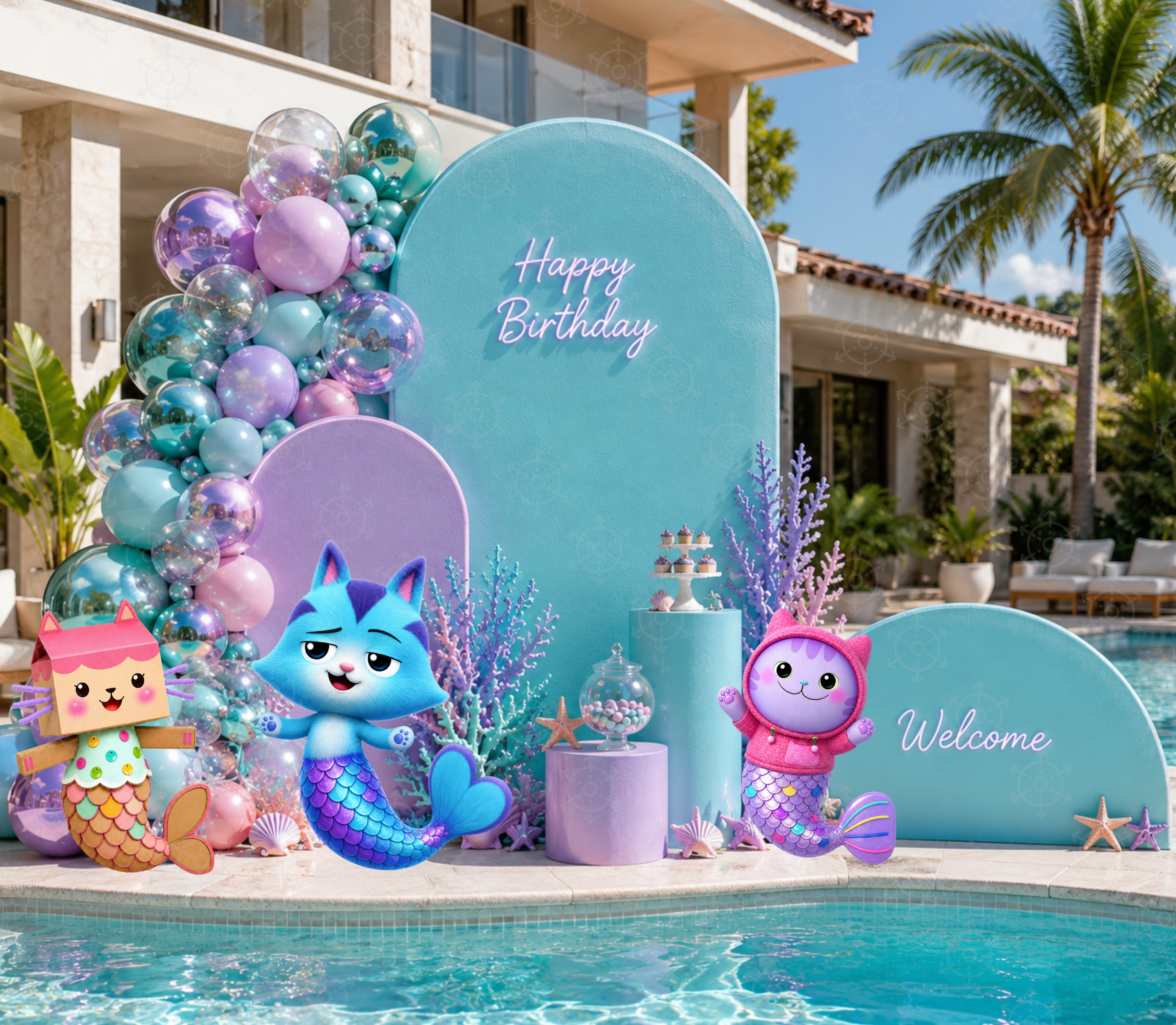 Gabby's Dollhouse Mermaid Pool Party Backdrop & Cutouts | Personalized Summer Birthday Decorations