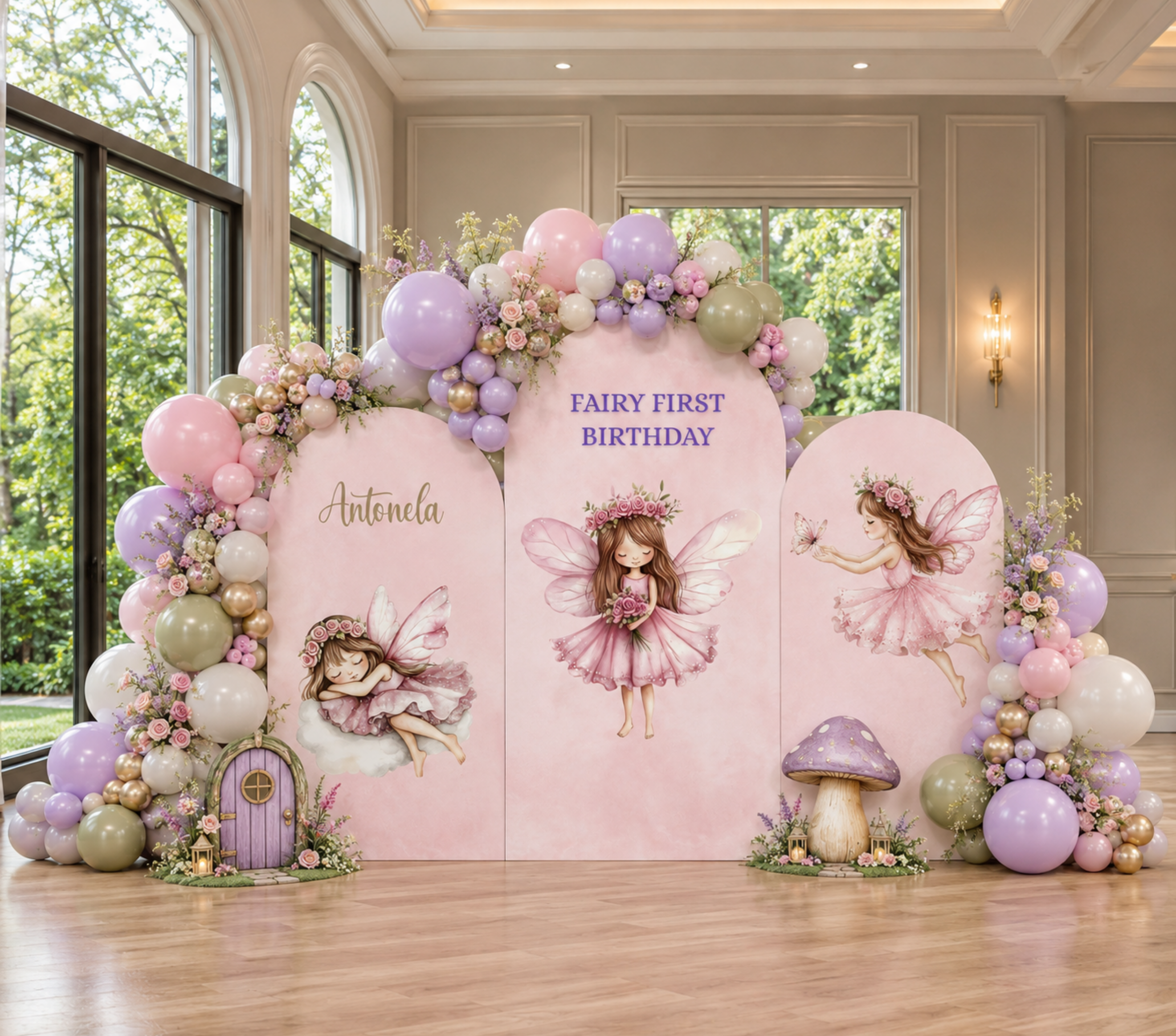 Personalized Pink Fairy Birthday Backdrop & Cutouts | Enchanted First Birthday Decorations