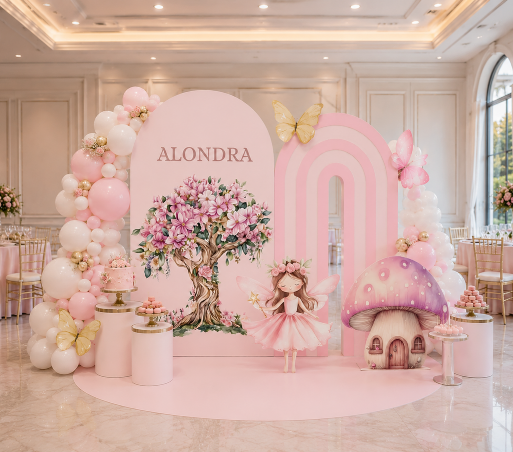Personalized Pink Fairy Birthday Backdrop & Cutouts | Enchanted First Birthday Decorations