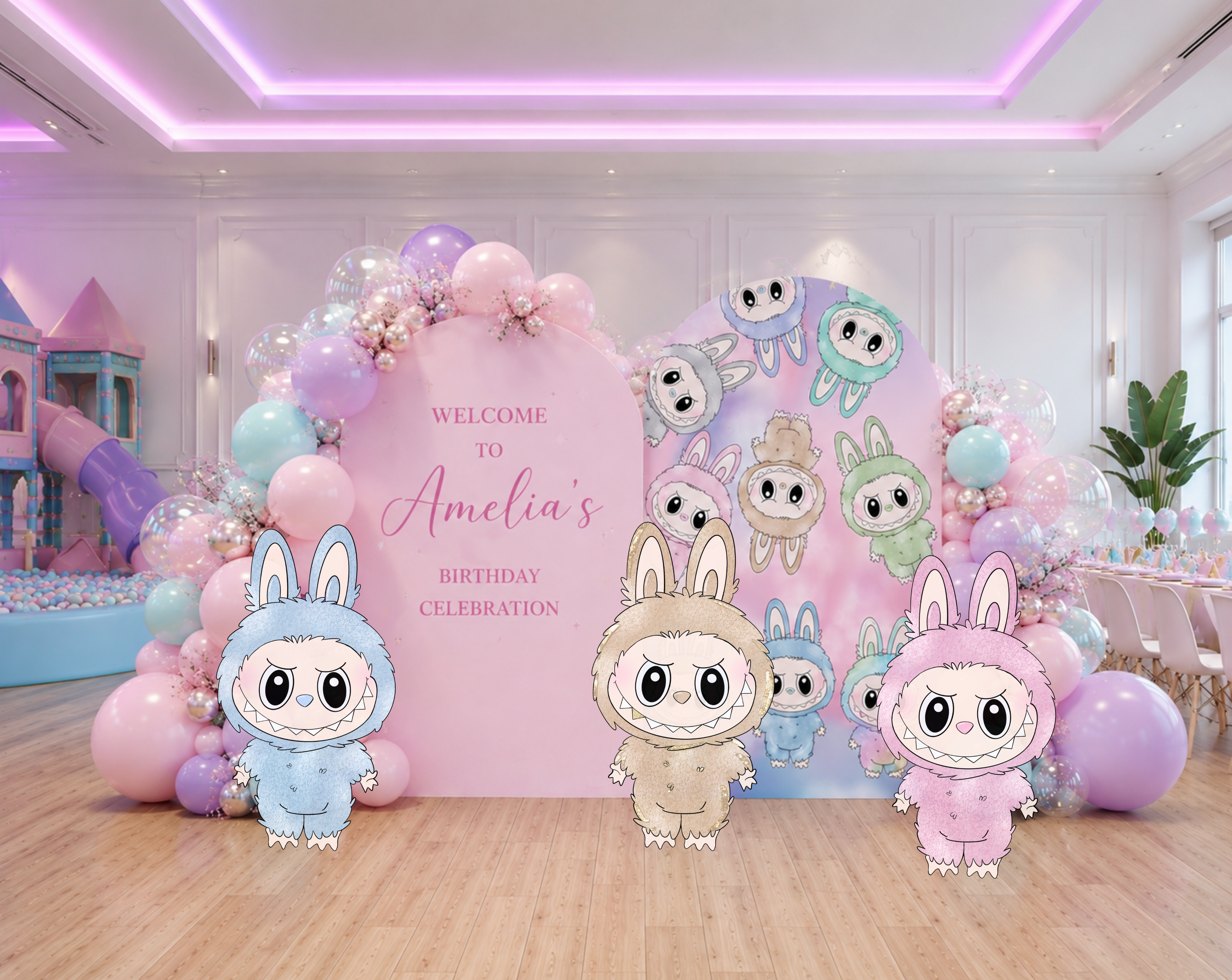 Cute Monster Birthday Backdrop & Cutouts | Personalized Kawaii Pastel Party Decorations