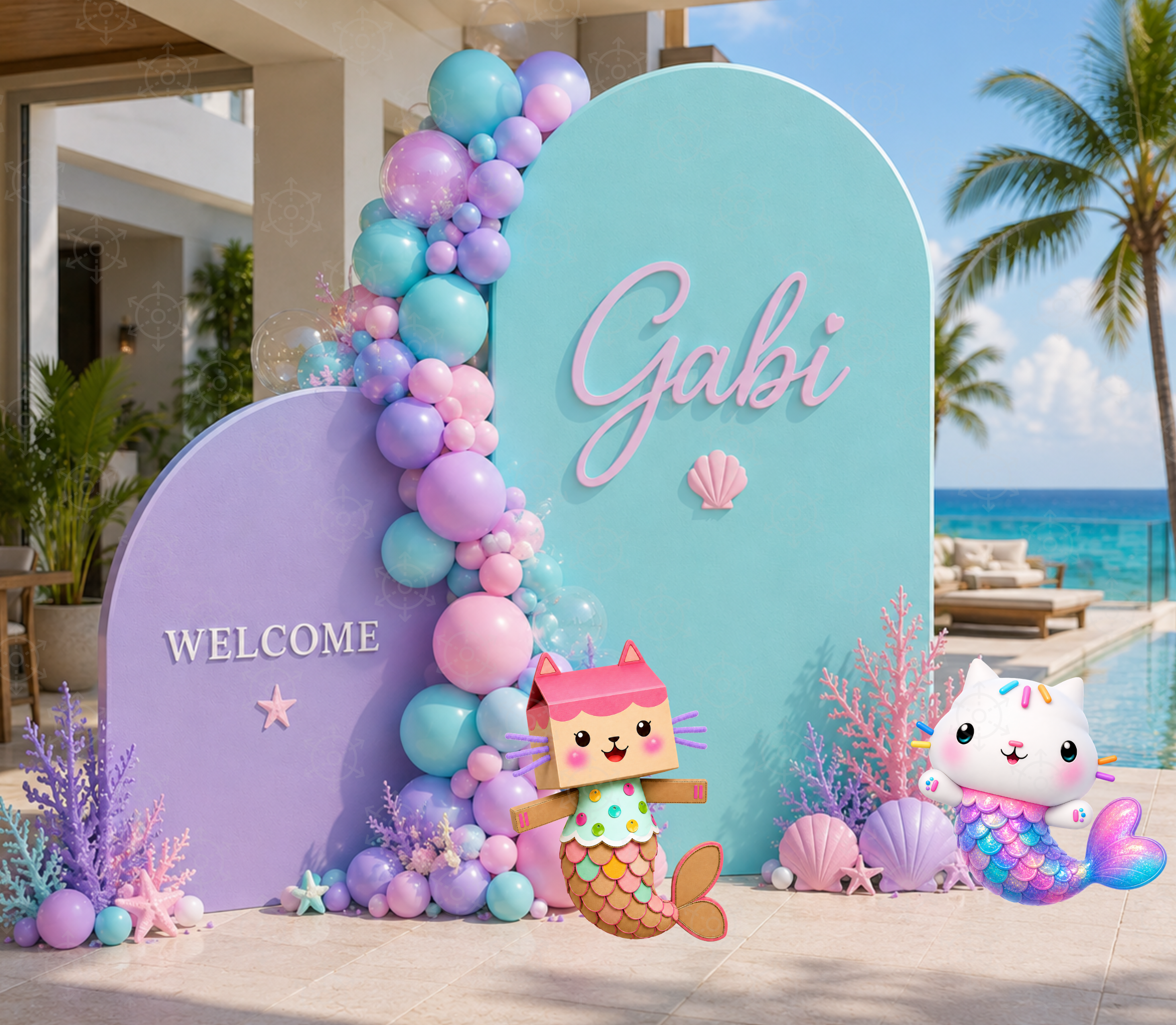 Gabby's Dollhouse Mermaid Pool Party Backdrop & Cutouts | Personalized Summer Birthday Decorations