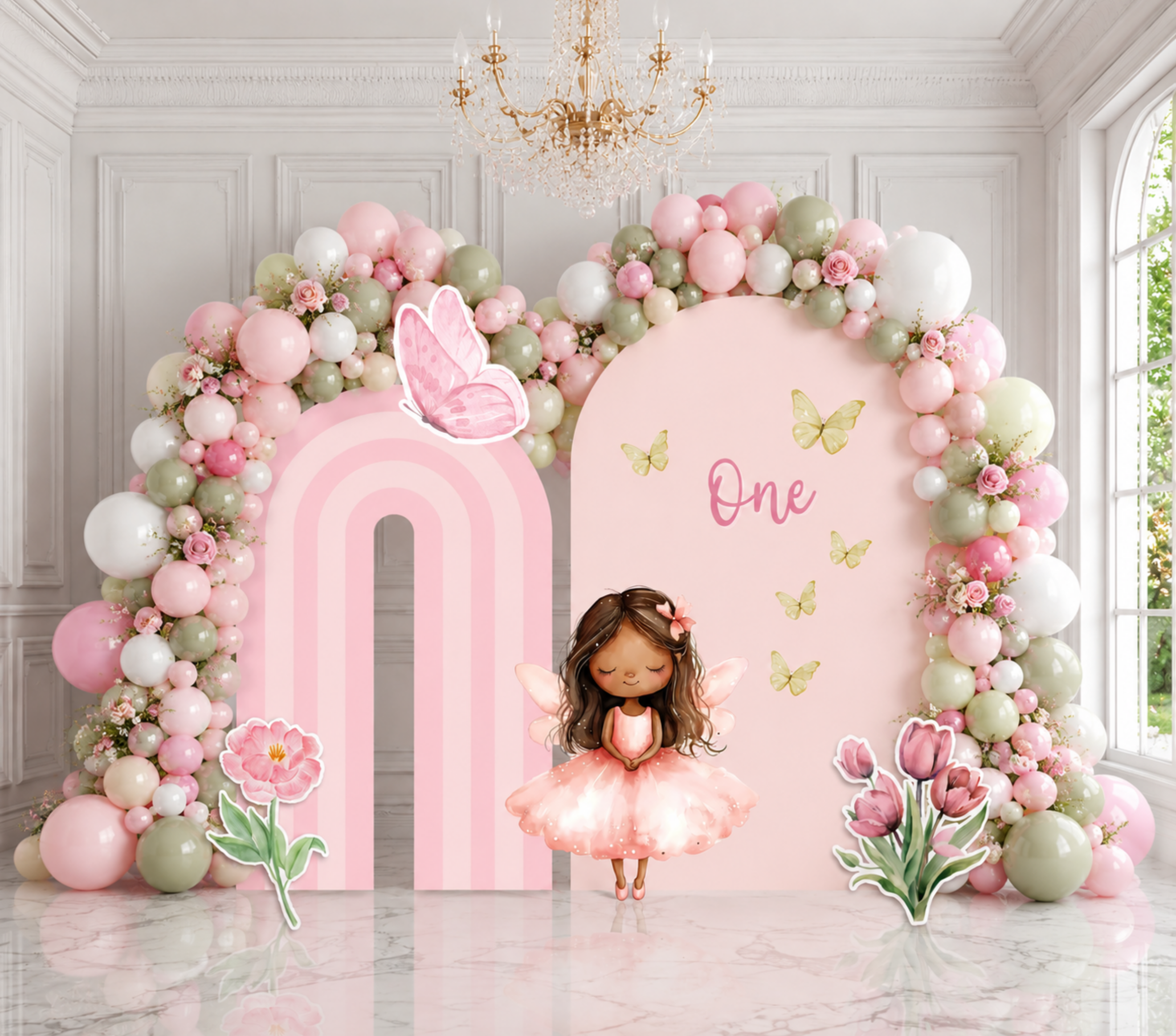Personalized Pink Fairy Birthday Backdrop & Cutouts | Enchanted First Birthday Decorations