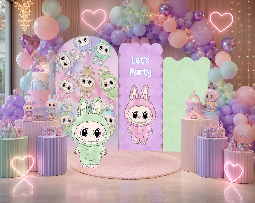 Cute Monster Birthday Backdrop & Cutouts | Personalized Kawaii Pastel Party Decorations
