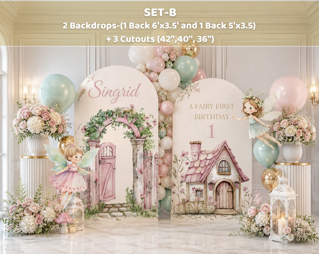 Fairy First Birthday Backdrop & Cutouts | Personalized Enchanted Garden Party Decorations