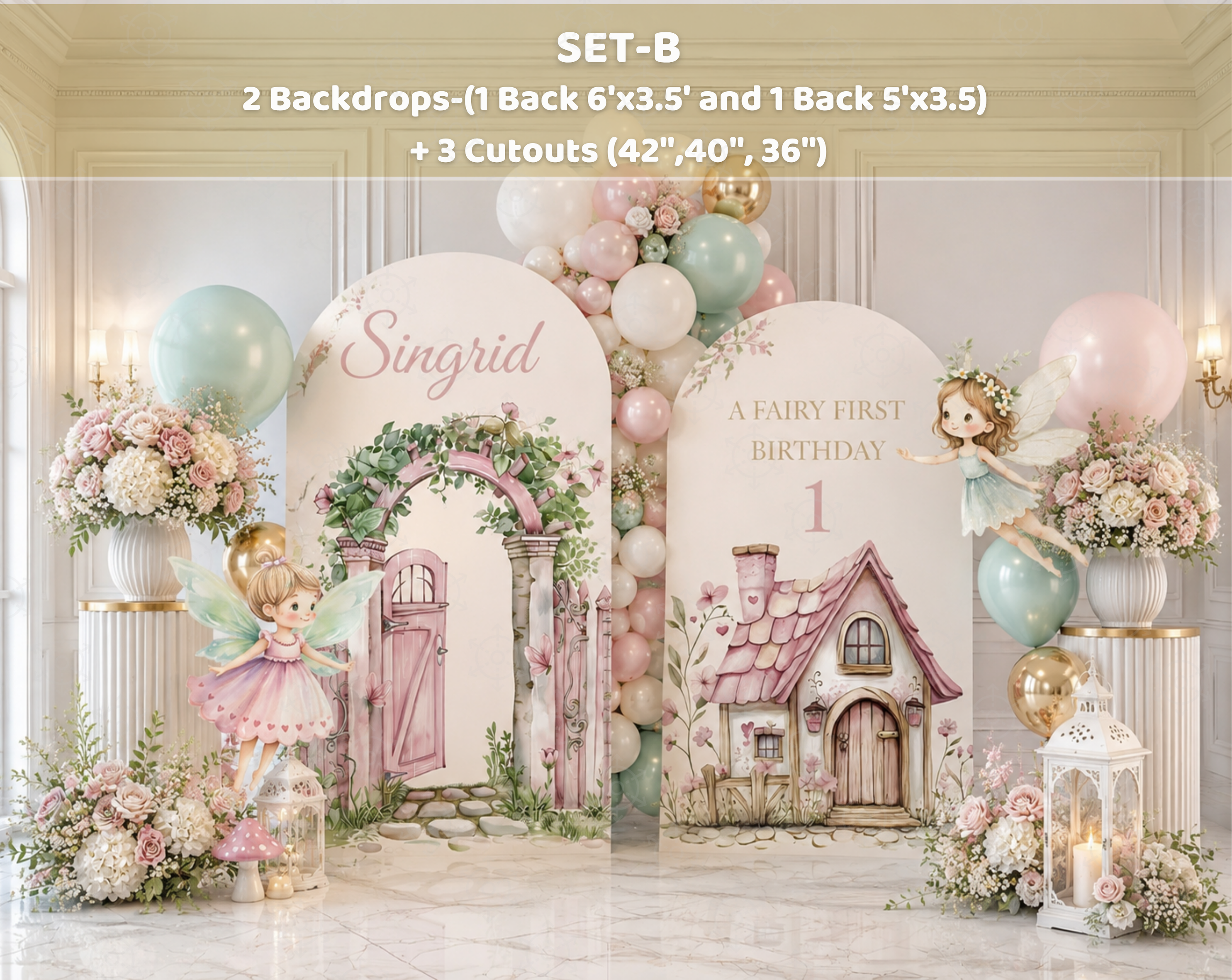 Fairy First Birthday Backdrop & Cutouts | Personalized Enchanted Garden Party Decorations