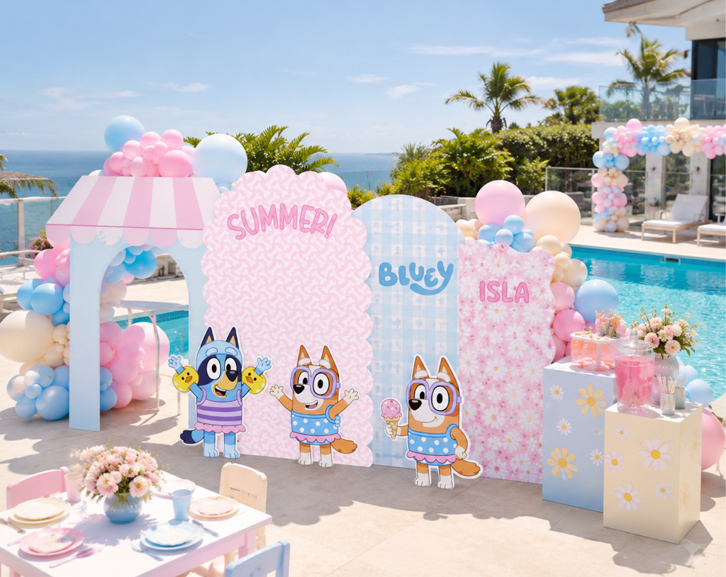 Custom Blue Puppy Pool Party Backdrop & Cutouts | Personalized Summer Kids Birthday Decorations