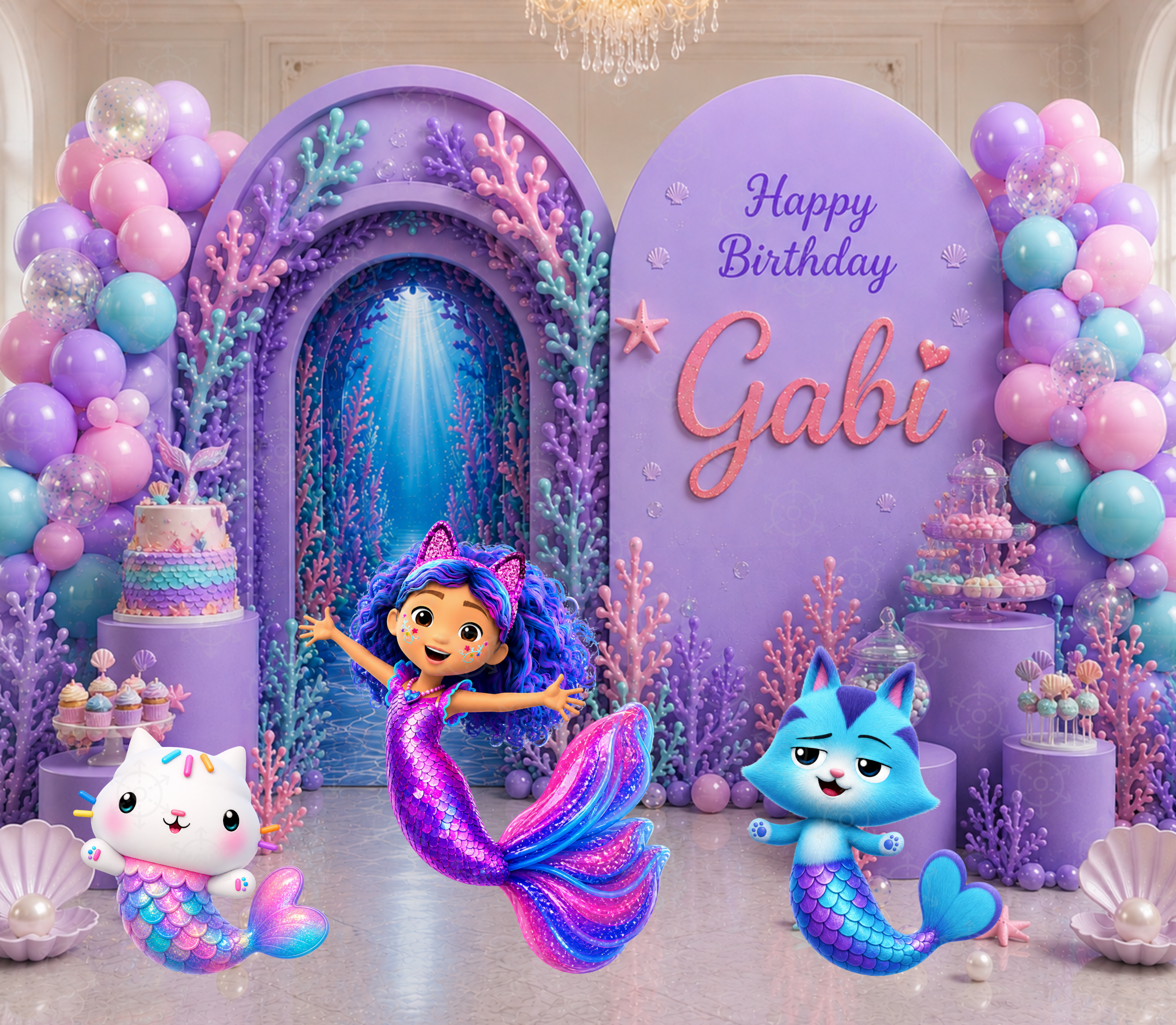 Gabby's Dollhouse Mermaid Pool Party Backdrop & Cutouts | Personalized Summer Birthday Decorations