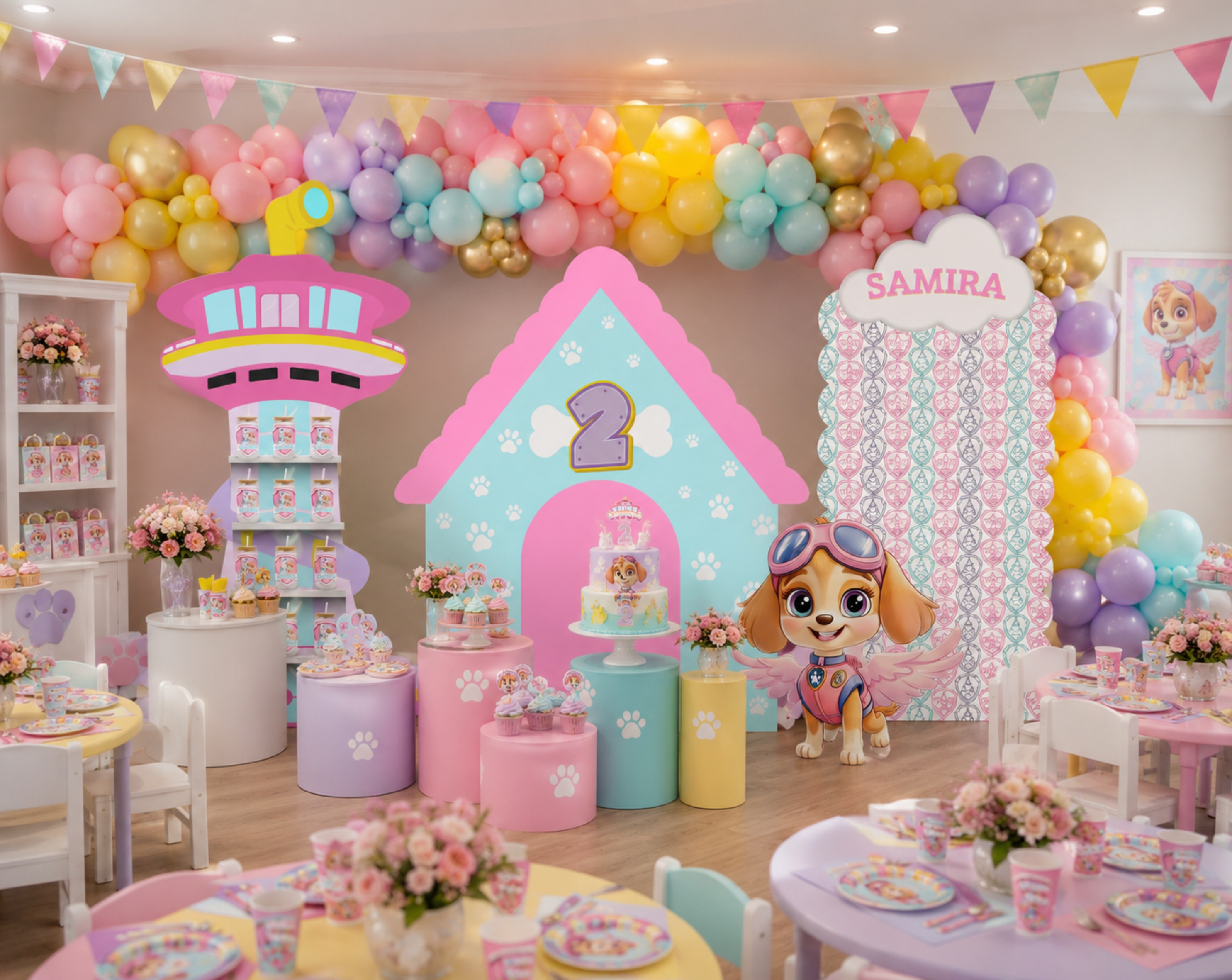 Pool Puppy Party Decoration Custom Backdrop with Shelves and Party Favors Rescue Summer Birthday Theme