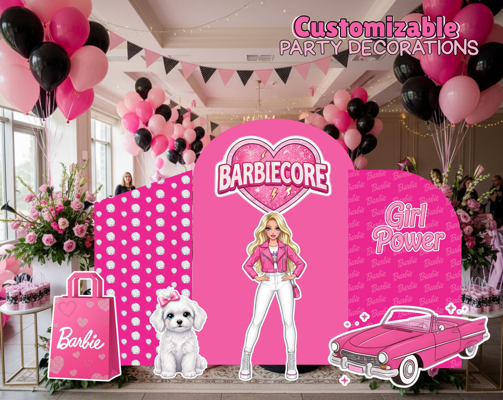 Pink Doll Party Backdrop & Cutouts | Personalized Glam Girls Birthday Decorations