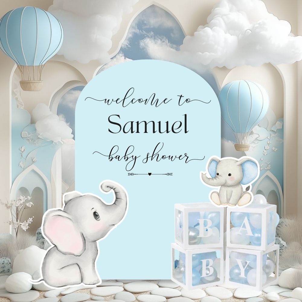 Blue Toile Baby Backdrop & Cutouts | Personalized Elephant First Birthday Decorations
