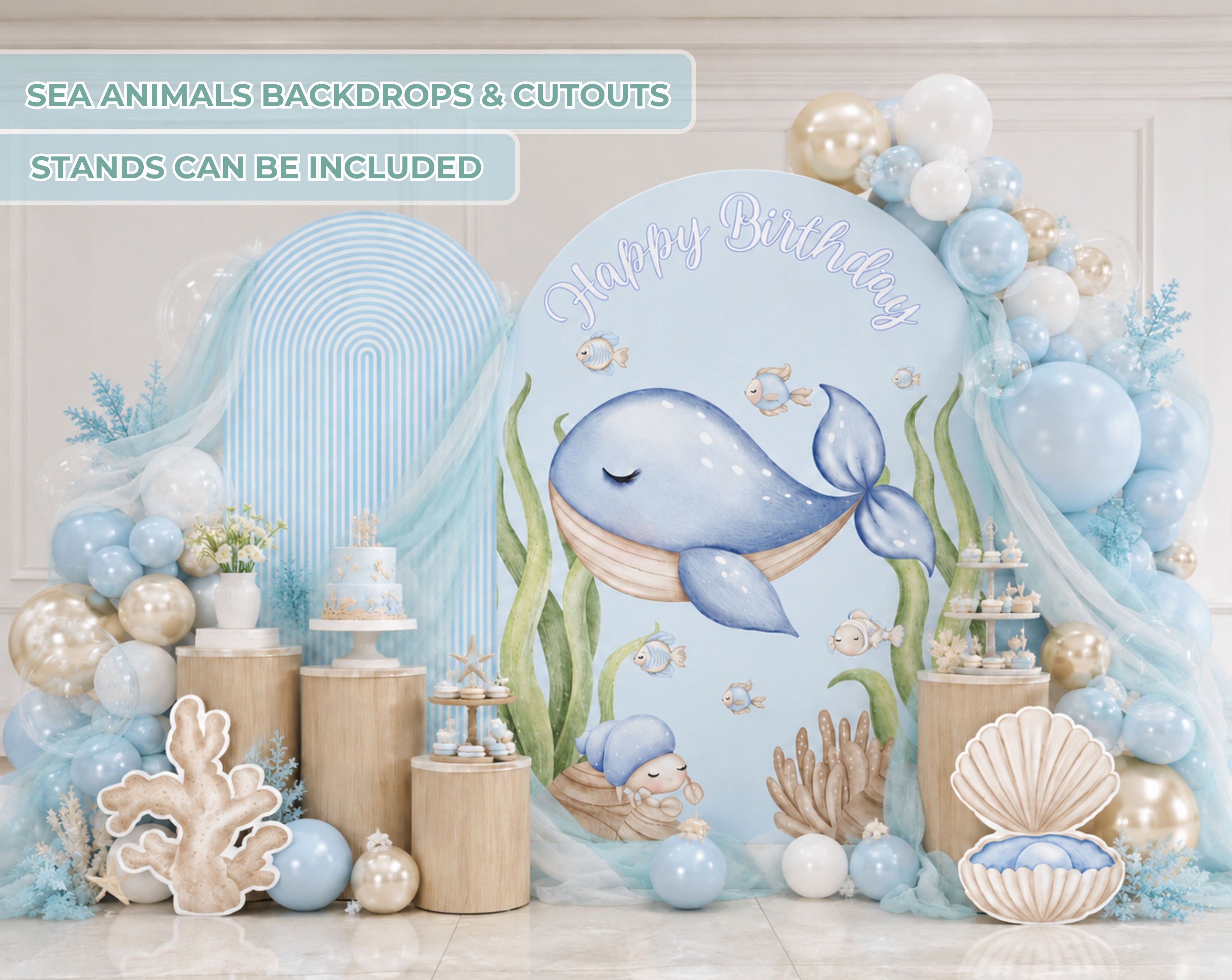 Cute ocean animals birthday backdrop with blue whale illustration, pastel balloon garland, seashell accents and under the sea party decorations.