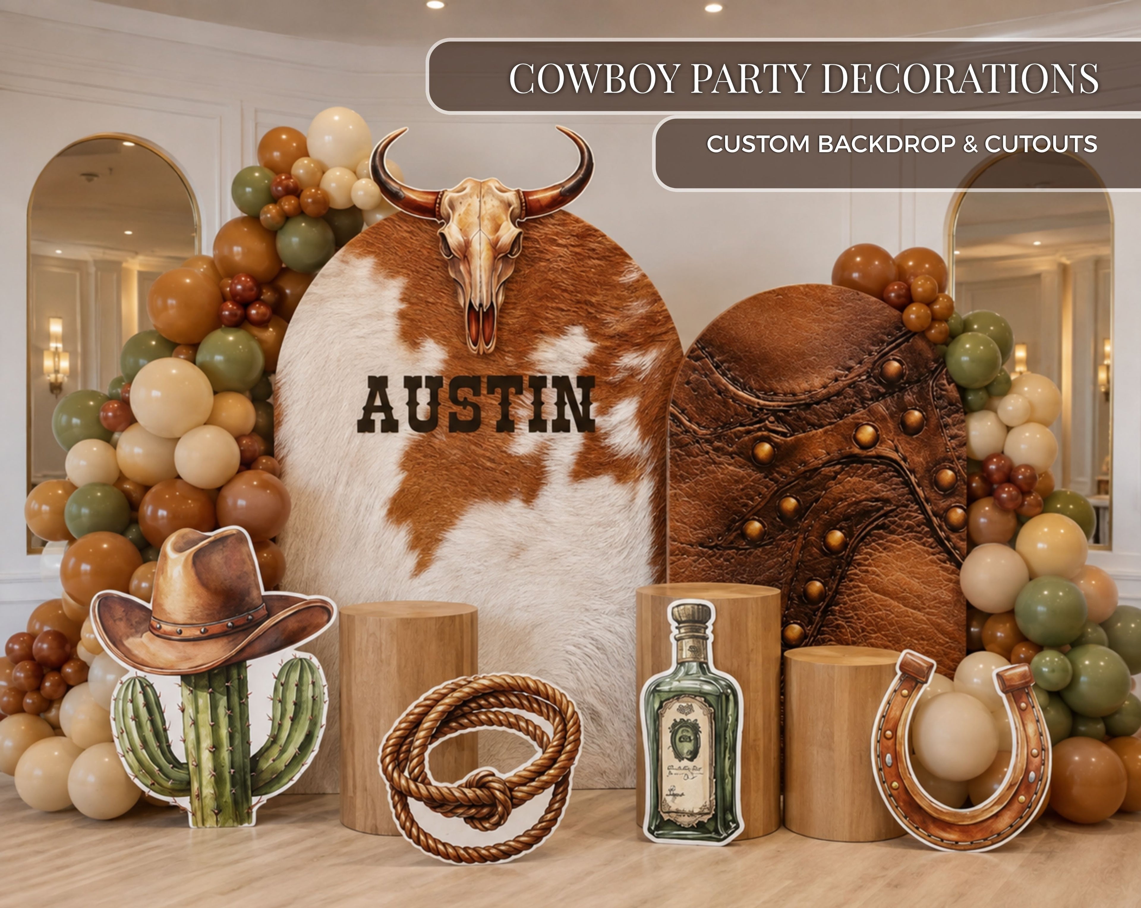 Personalized western birthday backdrop with rustic wood styling, cowboy themed cutouts and Wild West party decorations for a custom celebration.