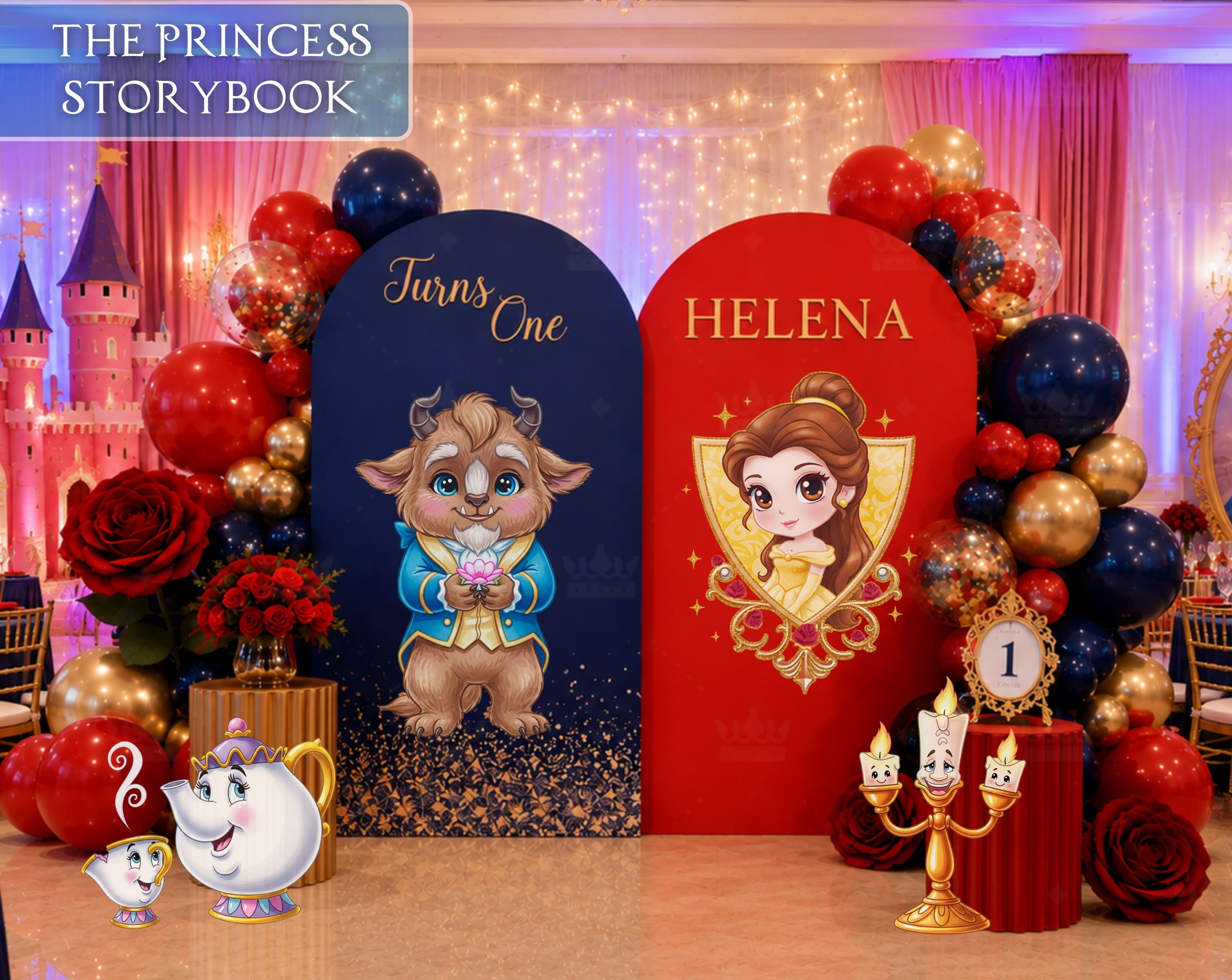 Personalized princess storybook backdrop set with fairytale character cutouts for a custom birthday party celebration.