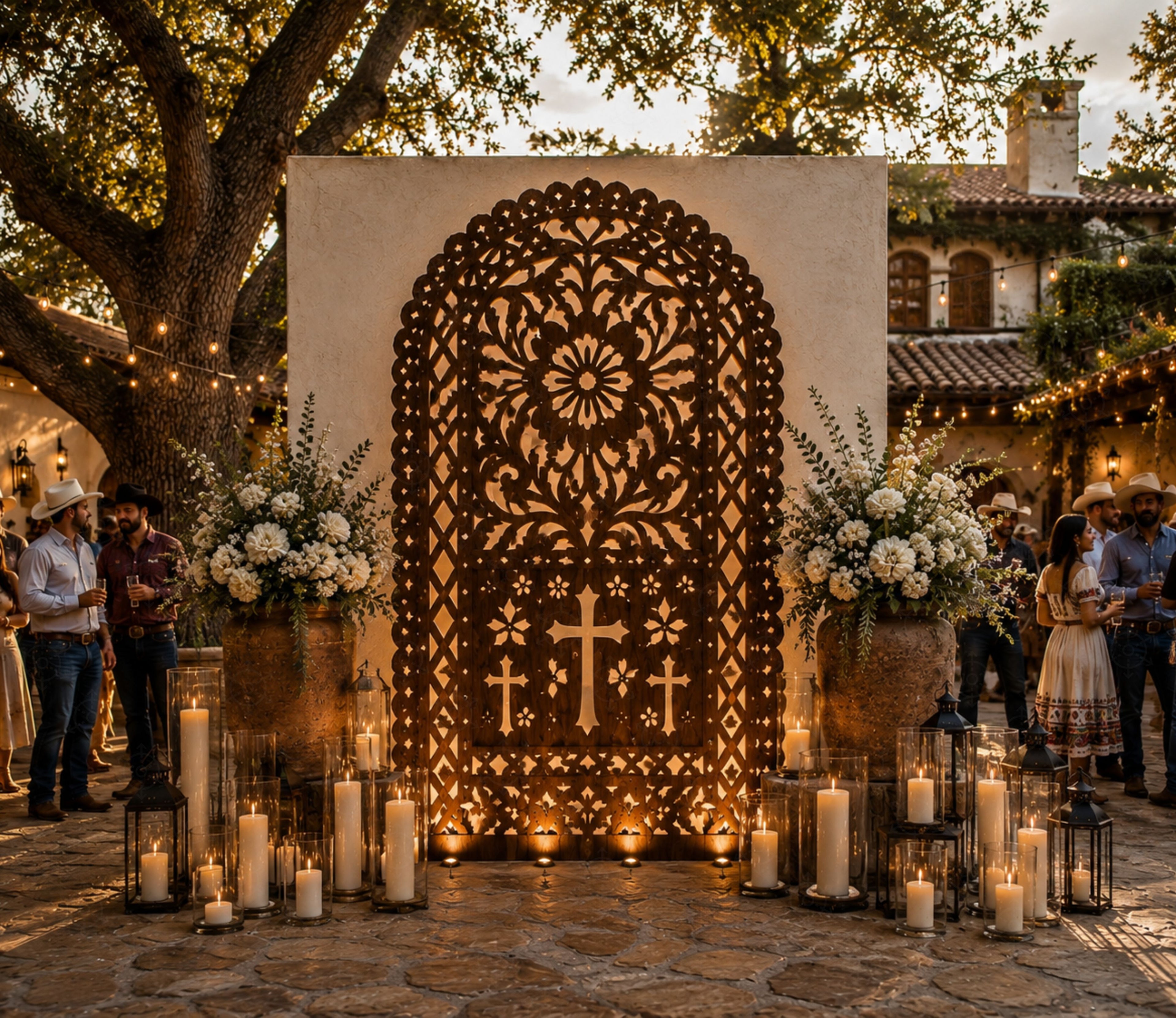 Terracotta Christian papel picado backdrop with cross design and warm floral event decor