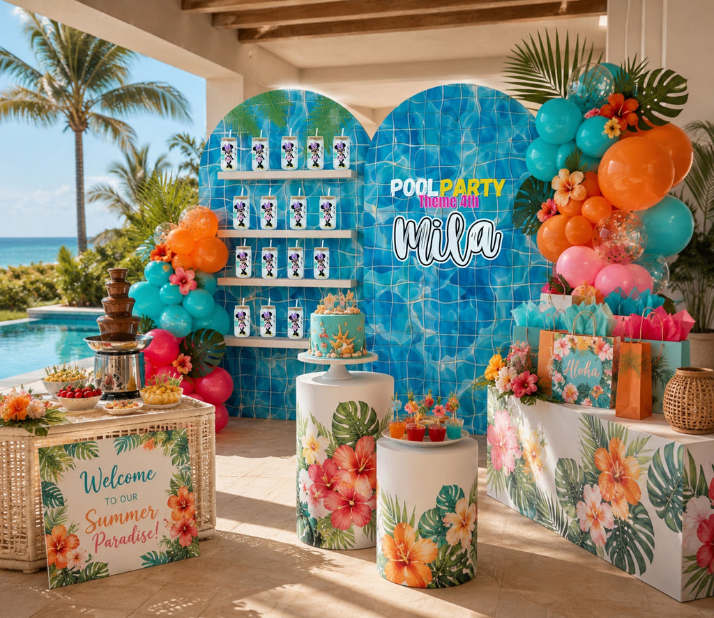 Custom blue pool party backdrop with favor display shelves, tropical decorations and colorful balloons for a personalized summer birthday party.