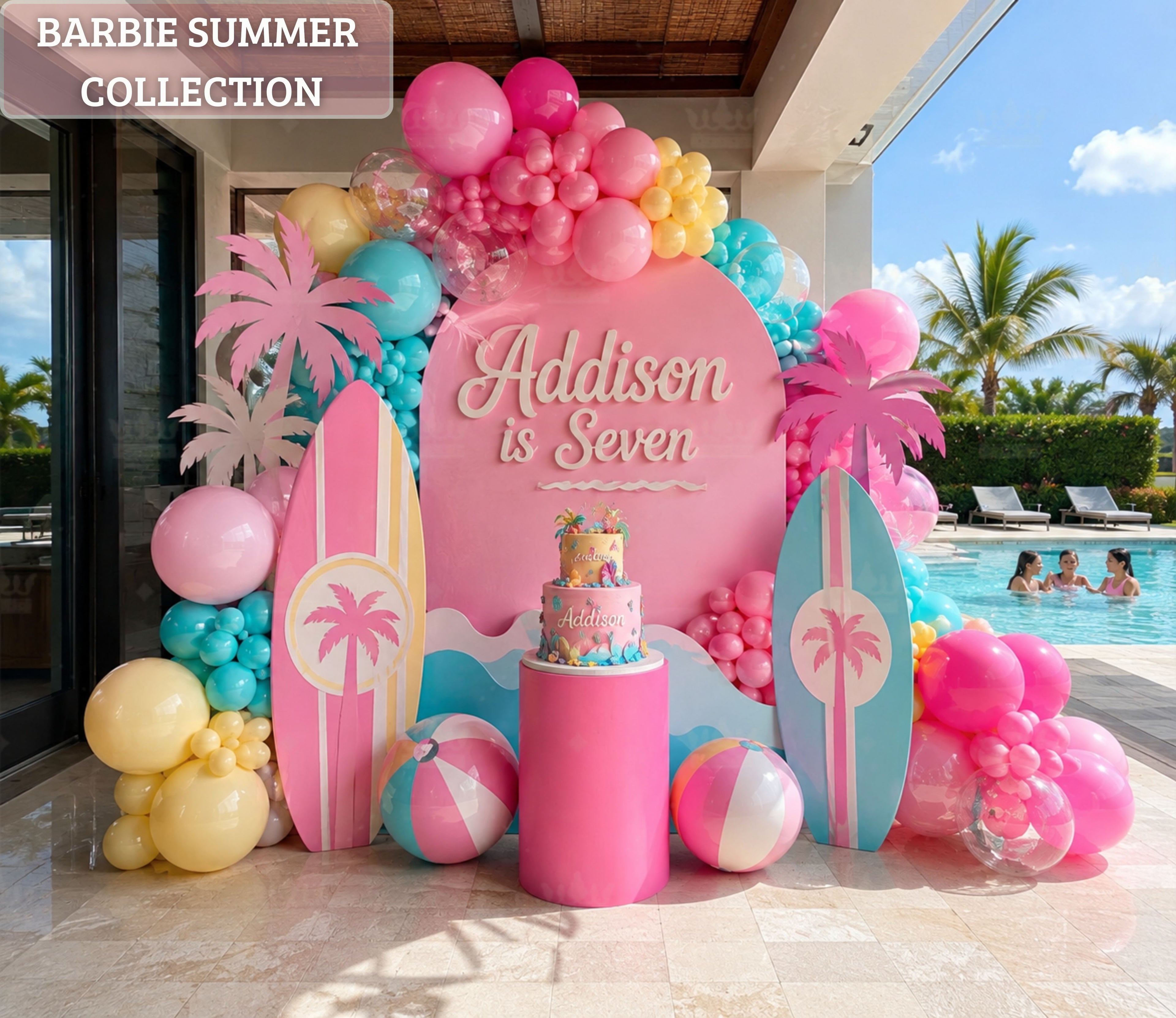 Barbie Summer Party Decorations | Personalized Pool Party Backdrop Set | Tropical Birthday Decor
