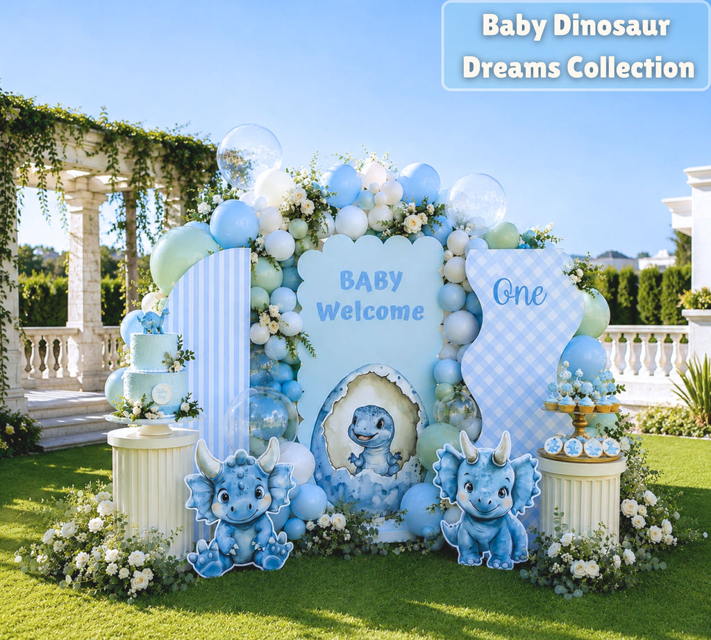 Cute Baby Dinosaur Party Decorations | Personalized Backdrop, Arch Panels & Cutouts