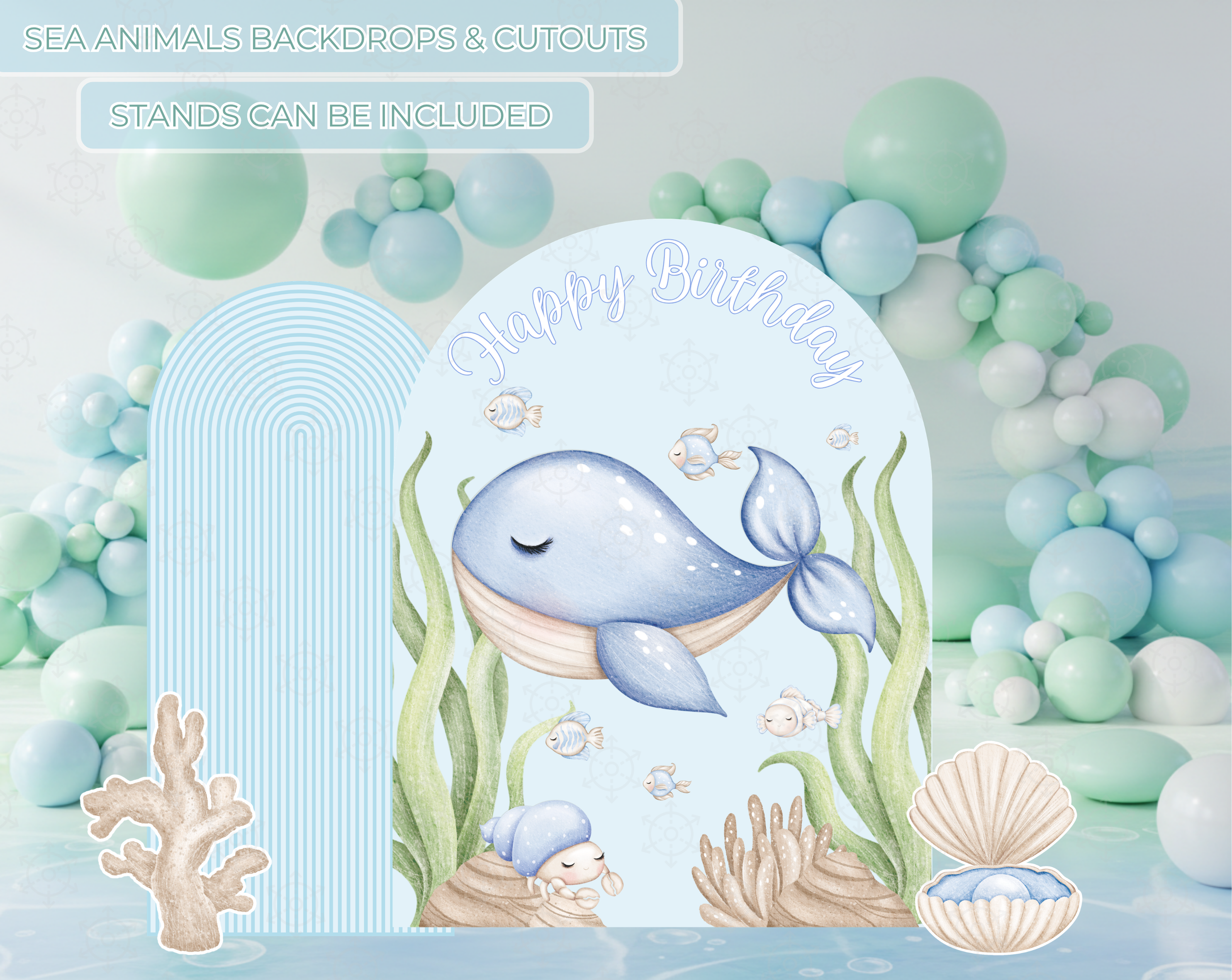 Cute Ocean Animals Birthday Backdrop & Cutouts | Personalized Party Decorations