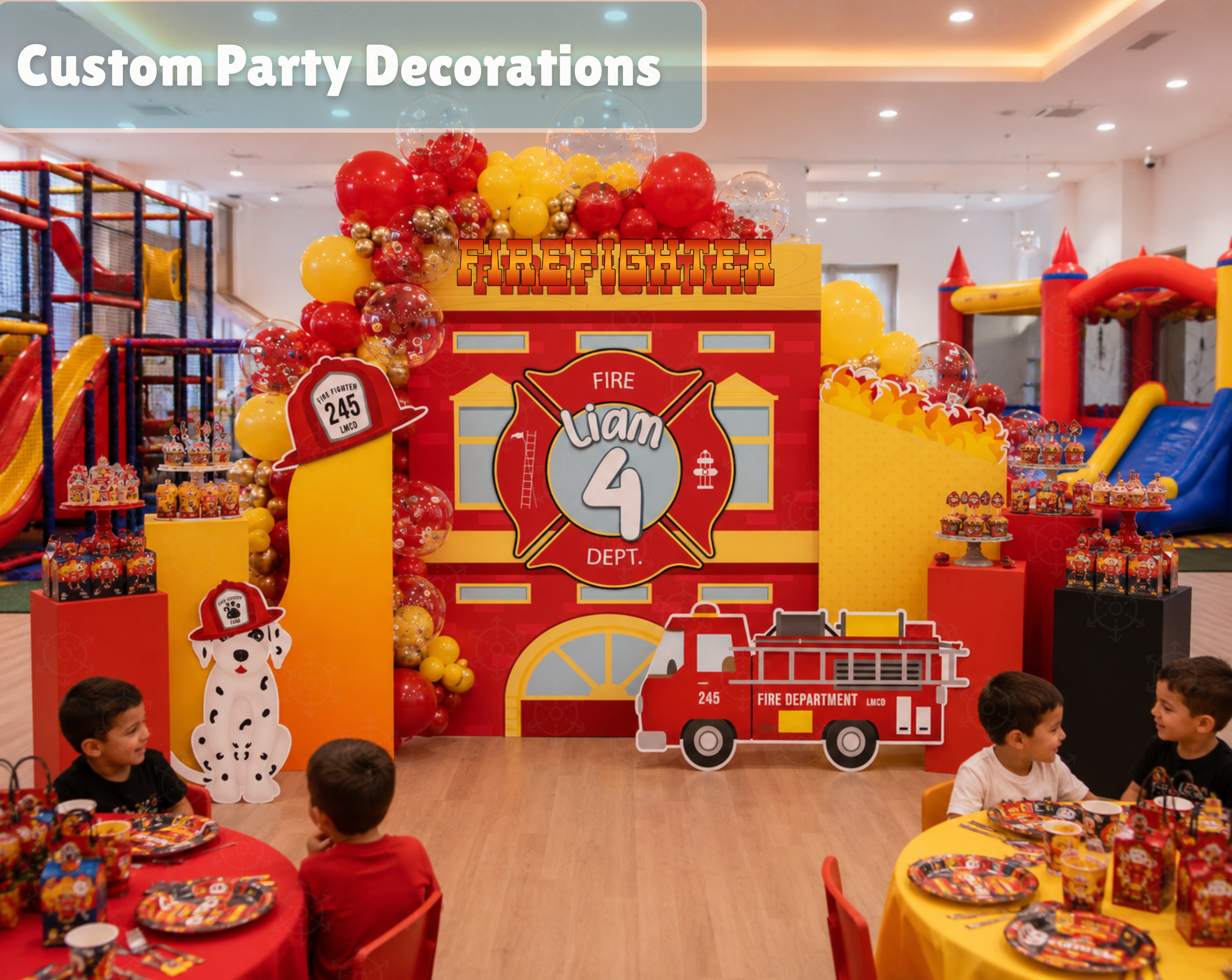 Firefighter Birthday Backdrop & Cutouts | Personalized Fire Truck Party Decorations