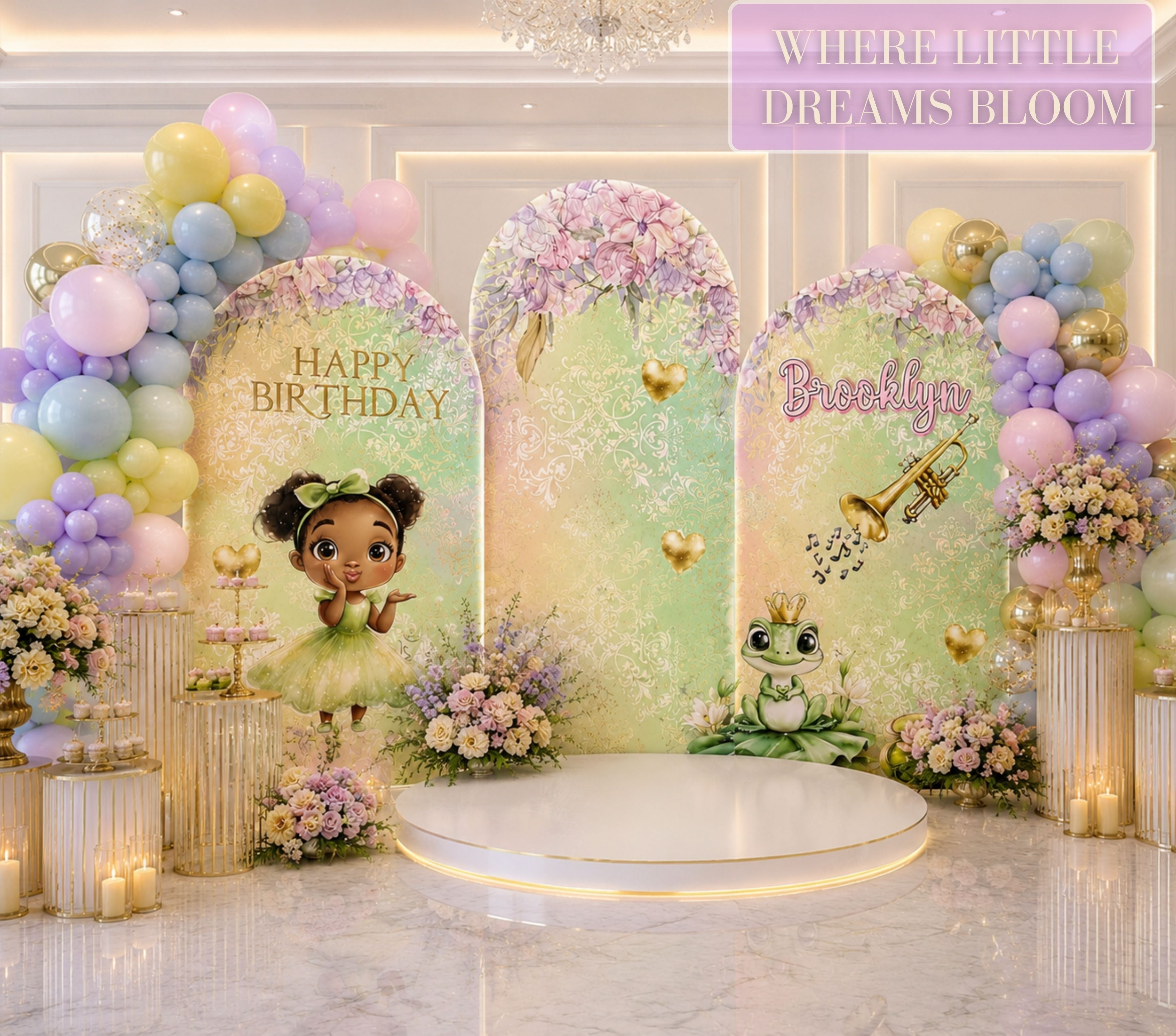Personalized frog princess birthday backdrop and cutouts with pastel floral and balloon decorations