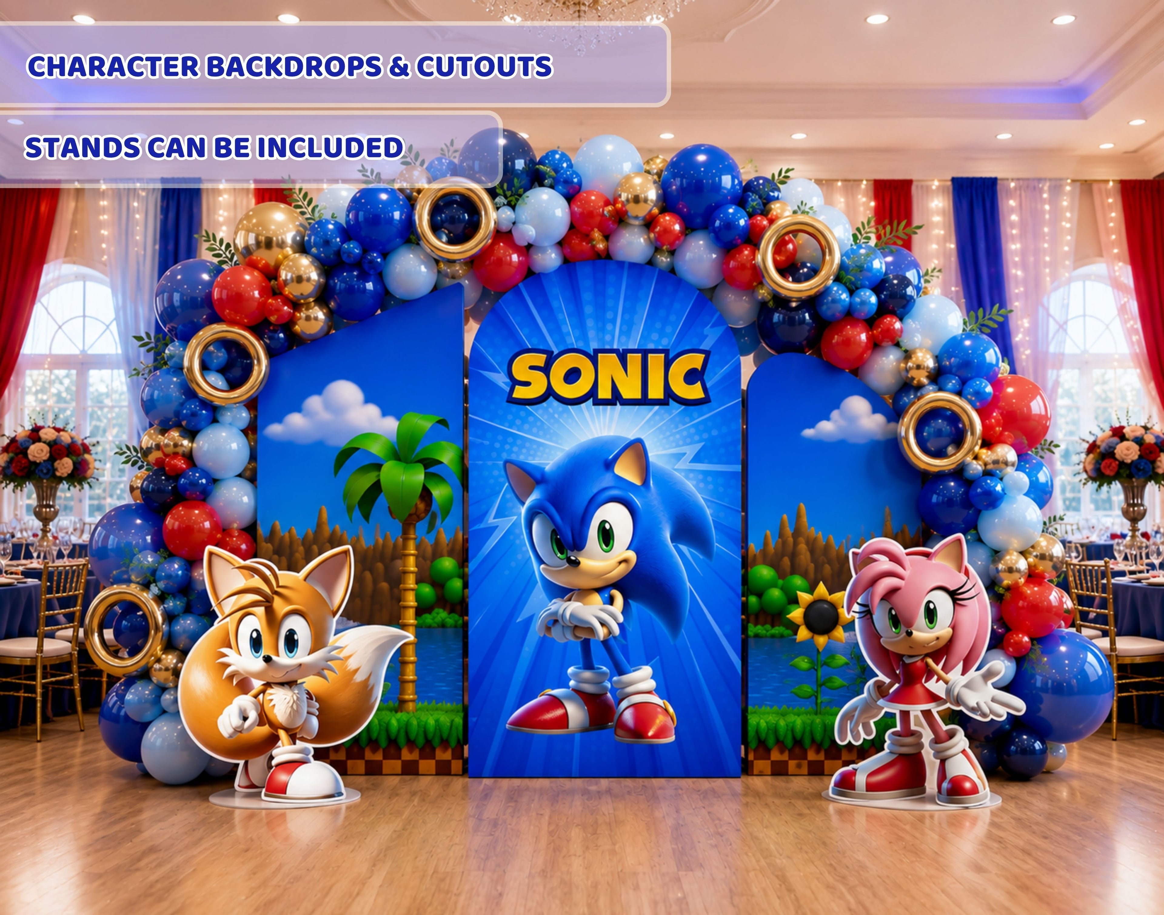 Custom Fast Blue Hedgehog Birthday Backdrop & Cutouts | Personalized Video Game Party Decorations