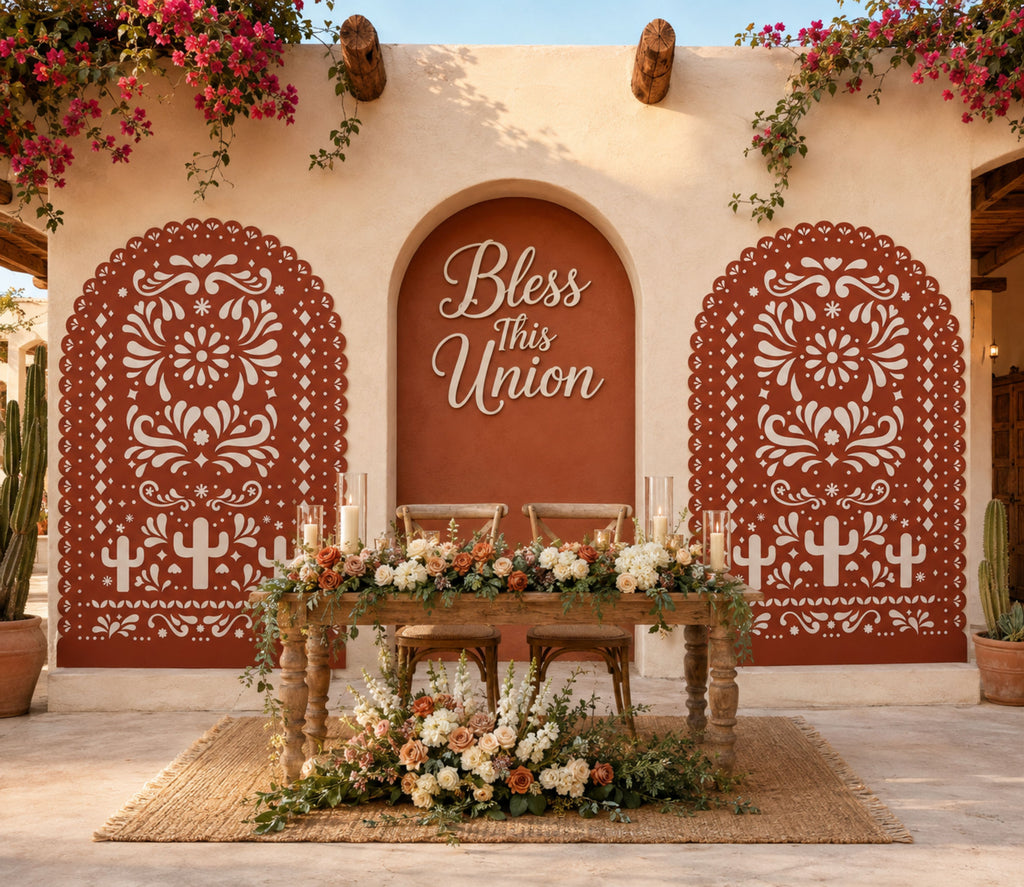 Printed papel picado wedding backdrop set with personalized center panel and traditional Mexican design