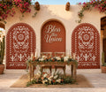 Printed papel picado wedding backdrop set with personalized center panel and traditional Mexican design