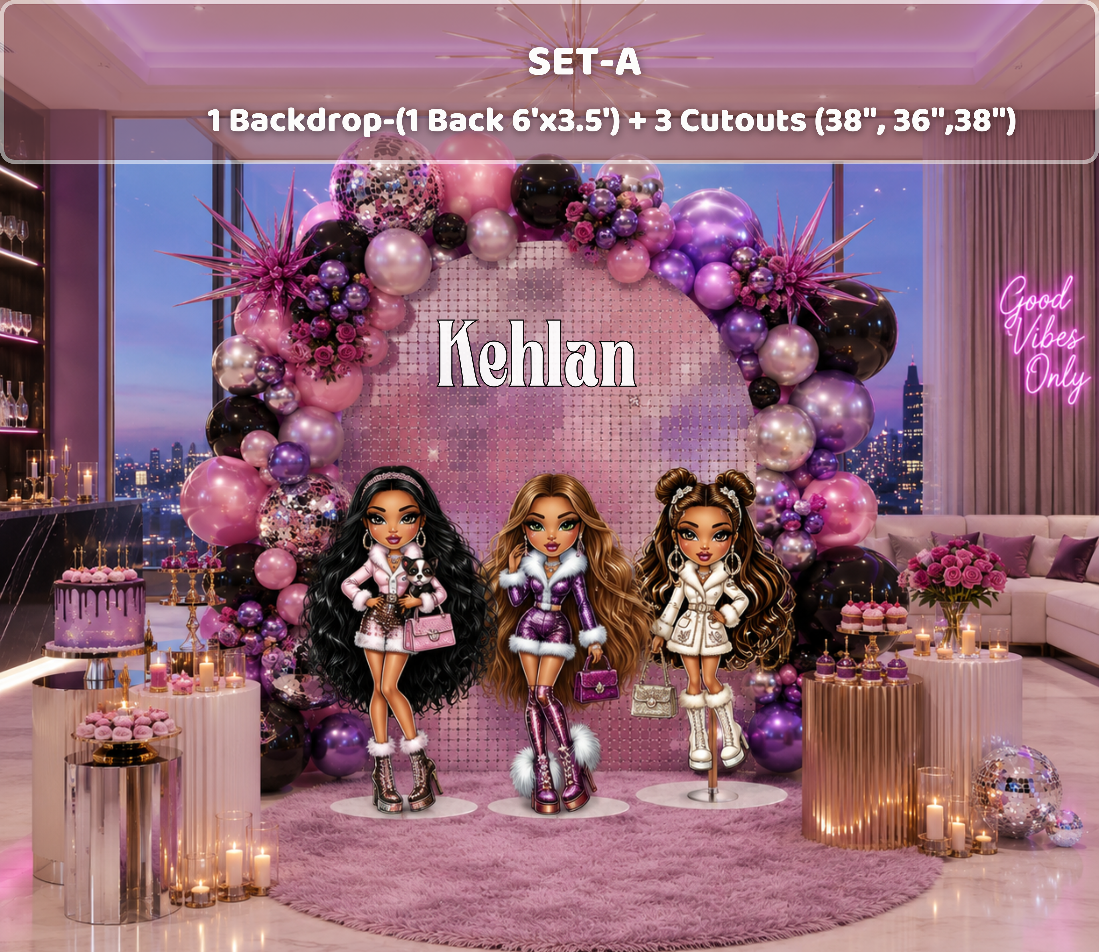 Custom Glam Fashion Doll Birthday Backdrop & Cutouts | Personalized Girly Party Decorations