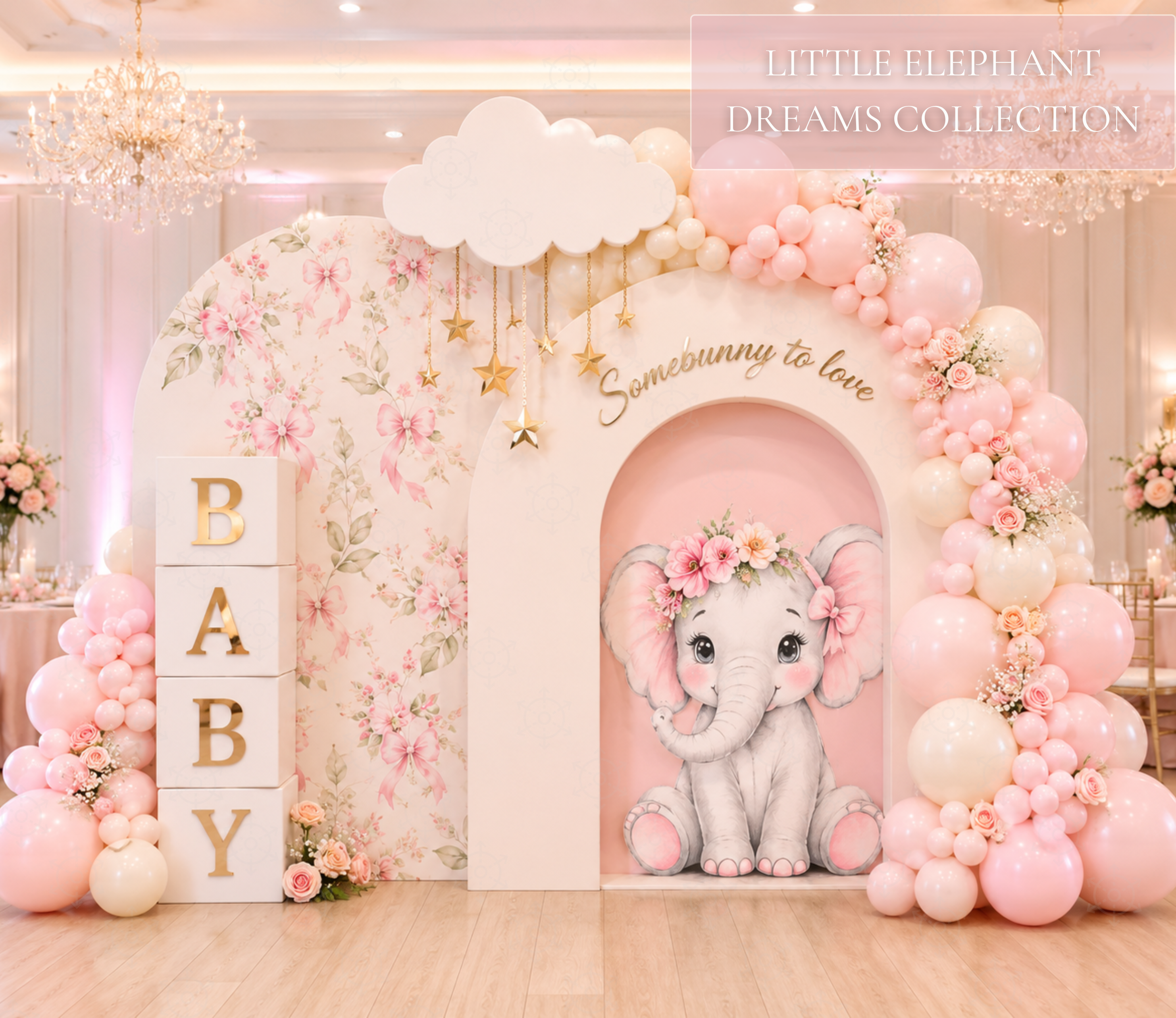 Baby Elephant Baptism Backdrop & Cutouts | Personalized Pink Little Blessing Party Decor