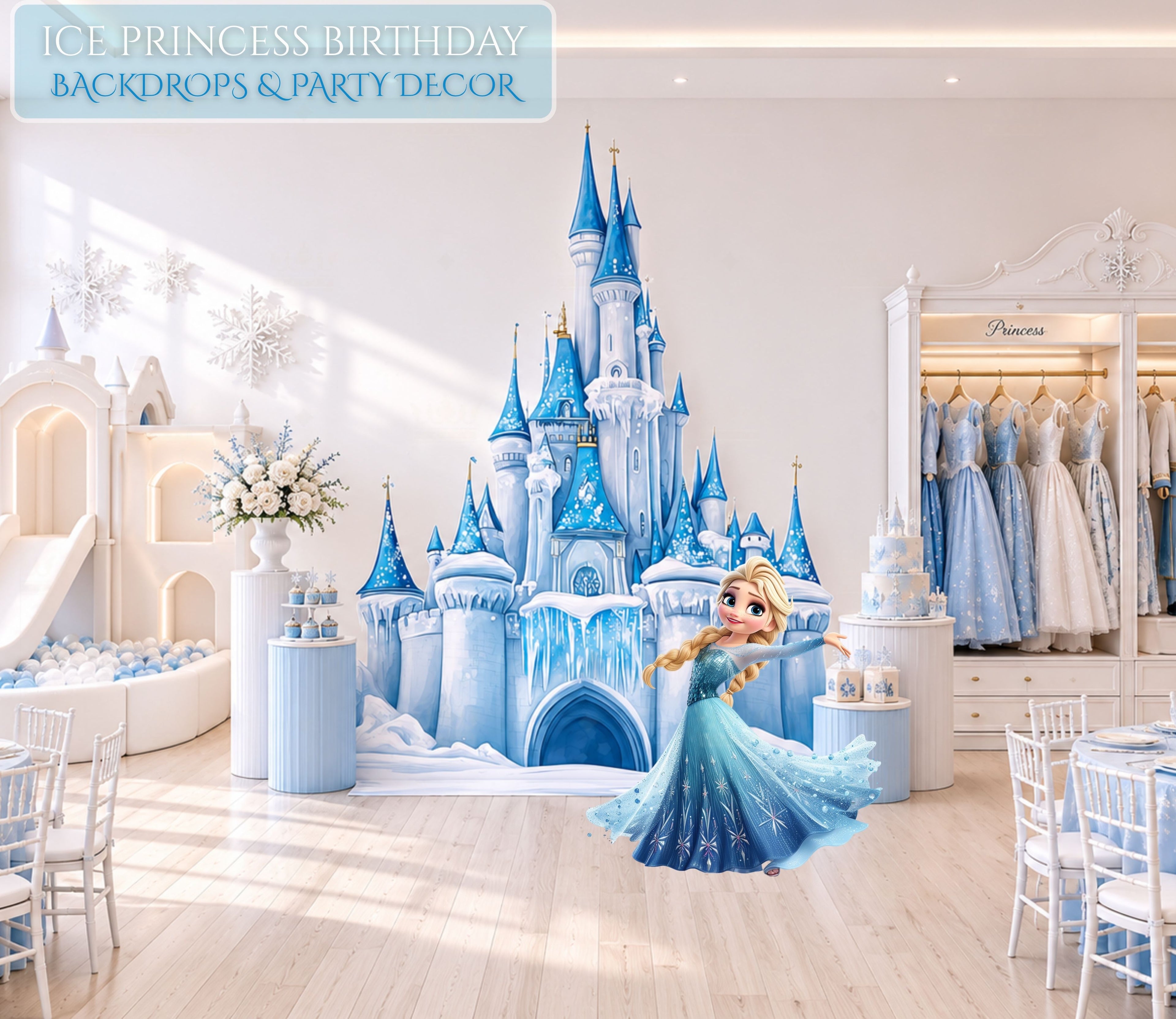 Personalized ice princess birthday backdrop and cutouts with blue castle and winter party decorations