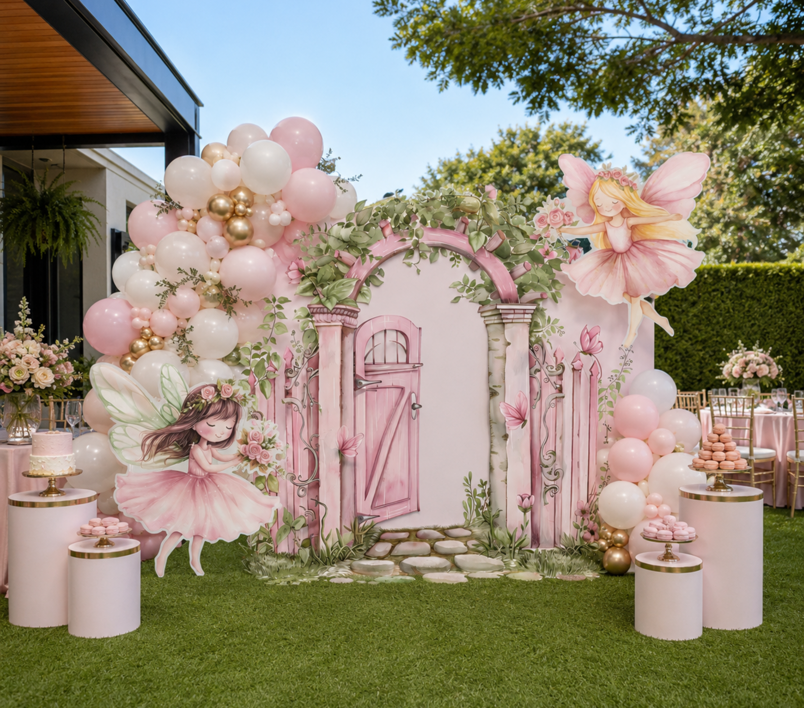 Personalized Pink Fairy Birthday Backdrop & Cutouts | Enchanted First Birthday Decorations