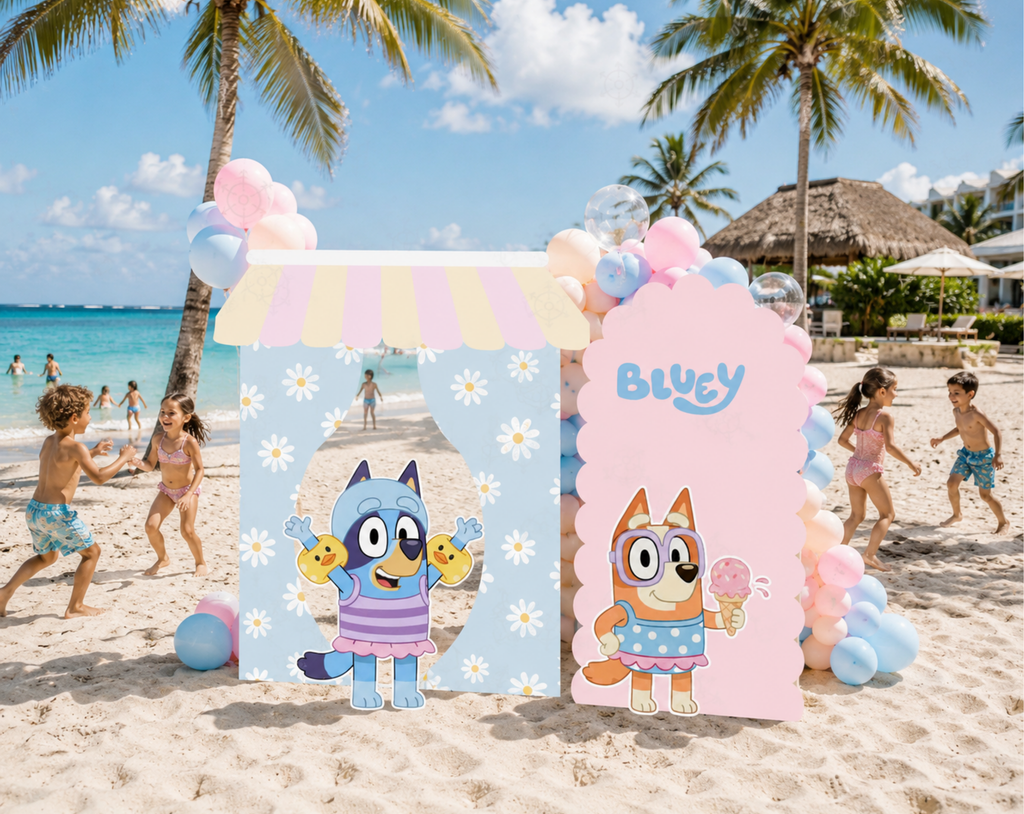 Custom Blue Puppy Pool Party Backdrop & Cutouts | Personalized Summer Kids Birthday Decorations