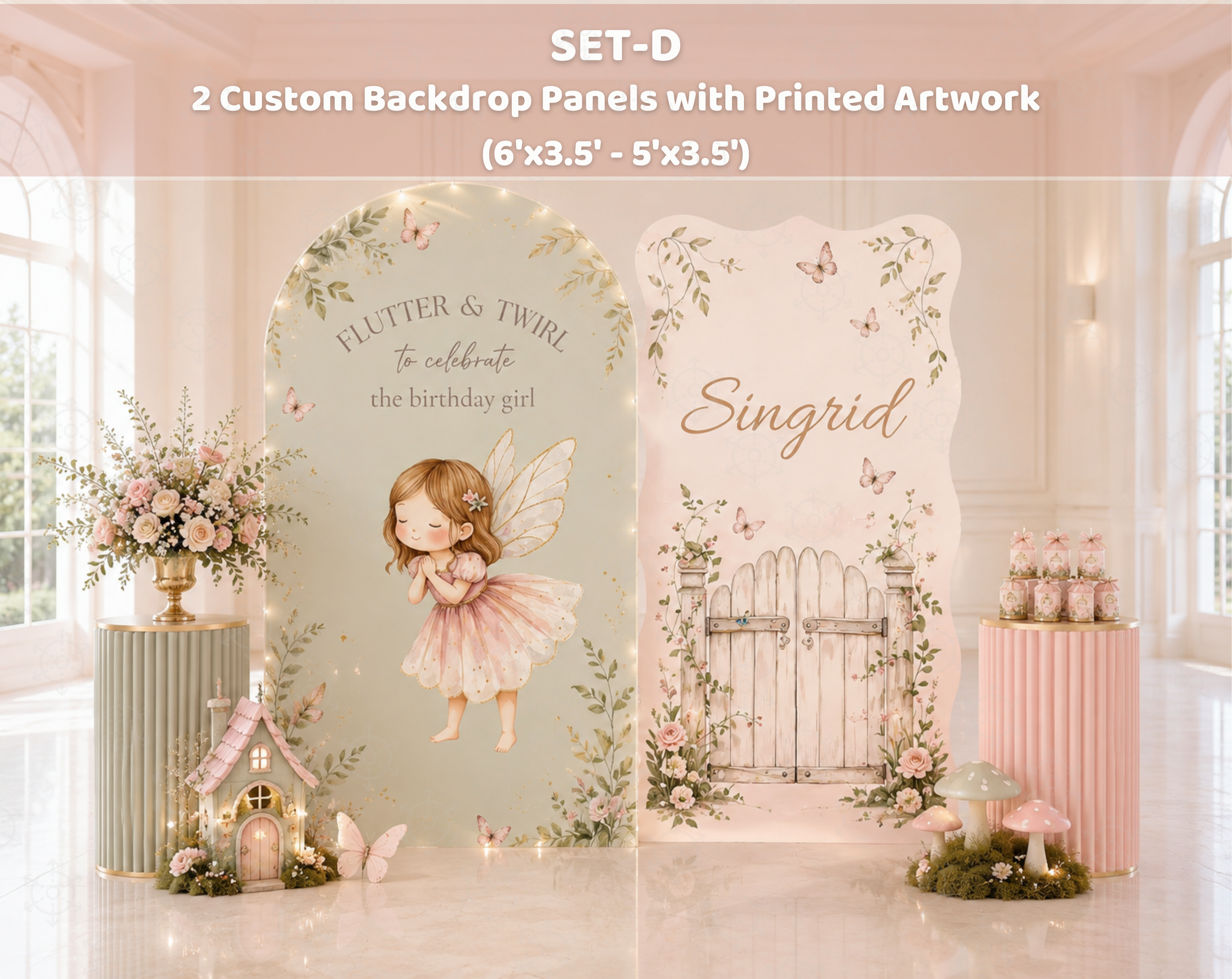Fairy First Birthday Backdrop & Cutouts | Personalized Enchanted Garden Party Decorations