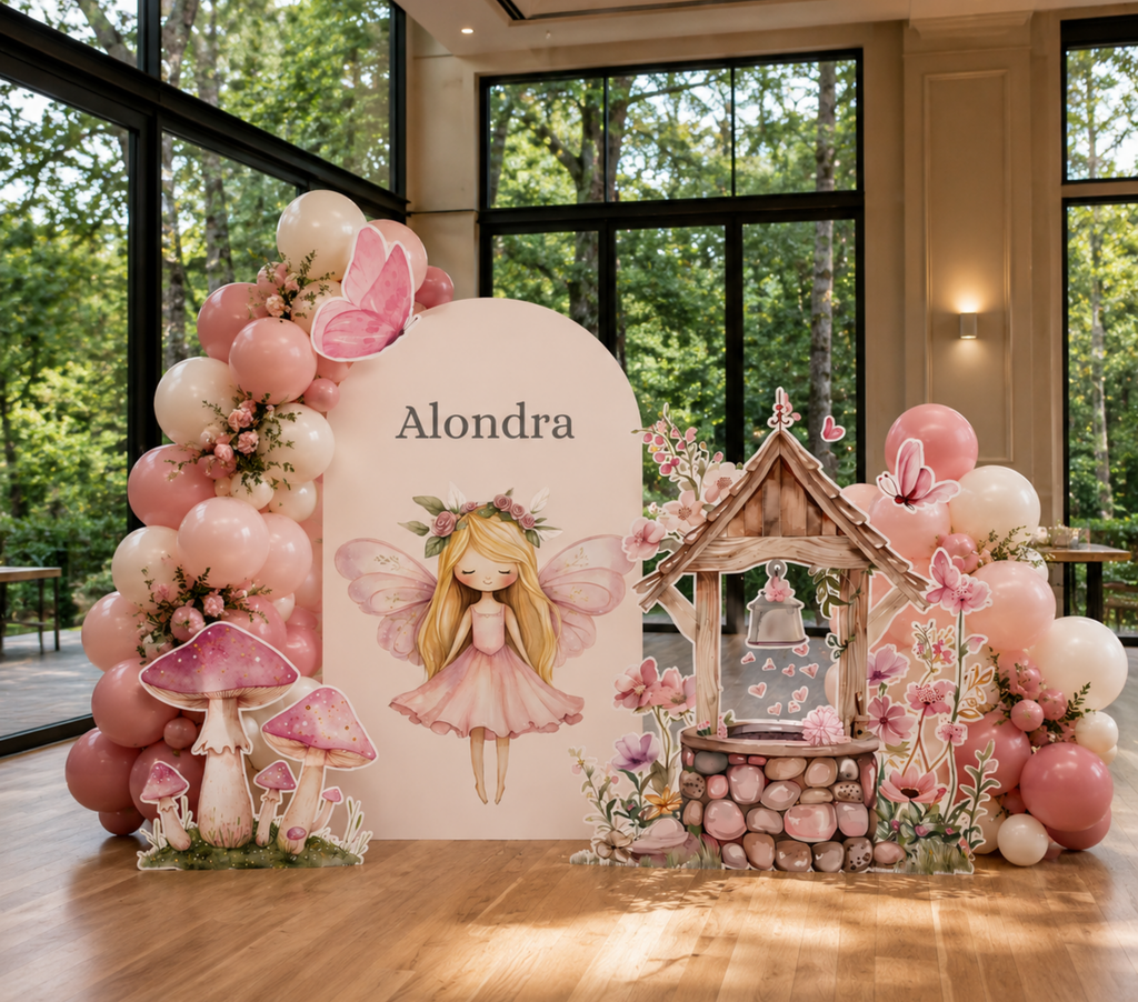 Personalized Pink Fairy Birthday Backdrop & Cutouts | Enchanted First Birthday Decorations