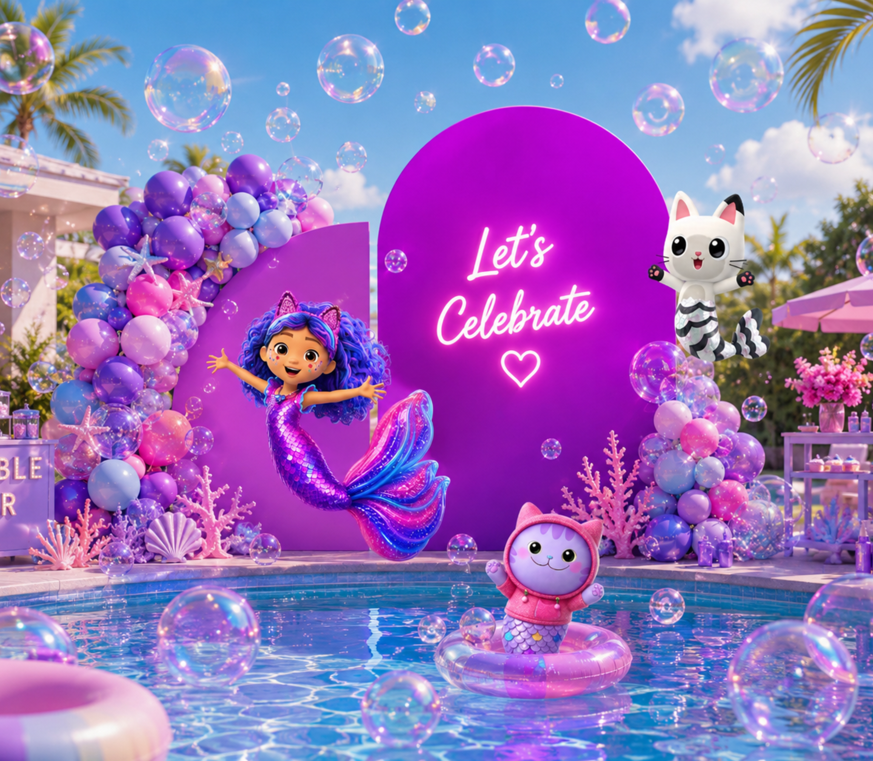 Gabby's Dollhouse Mermaid Pool Party Backdrop & Cutouts | Personalized Summer Birthday Decorations