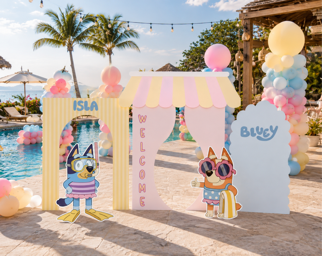 Custom Blue Puppy Pool Party Backdrop & Cutouts | Personalized Summer Kids Birthday Decorations