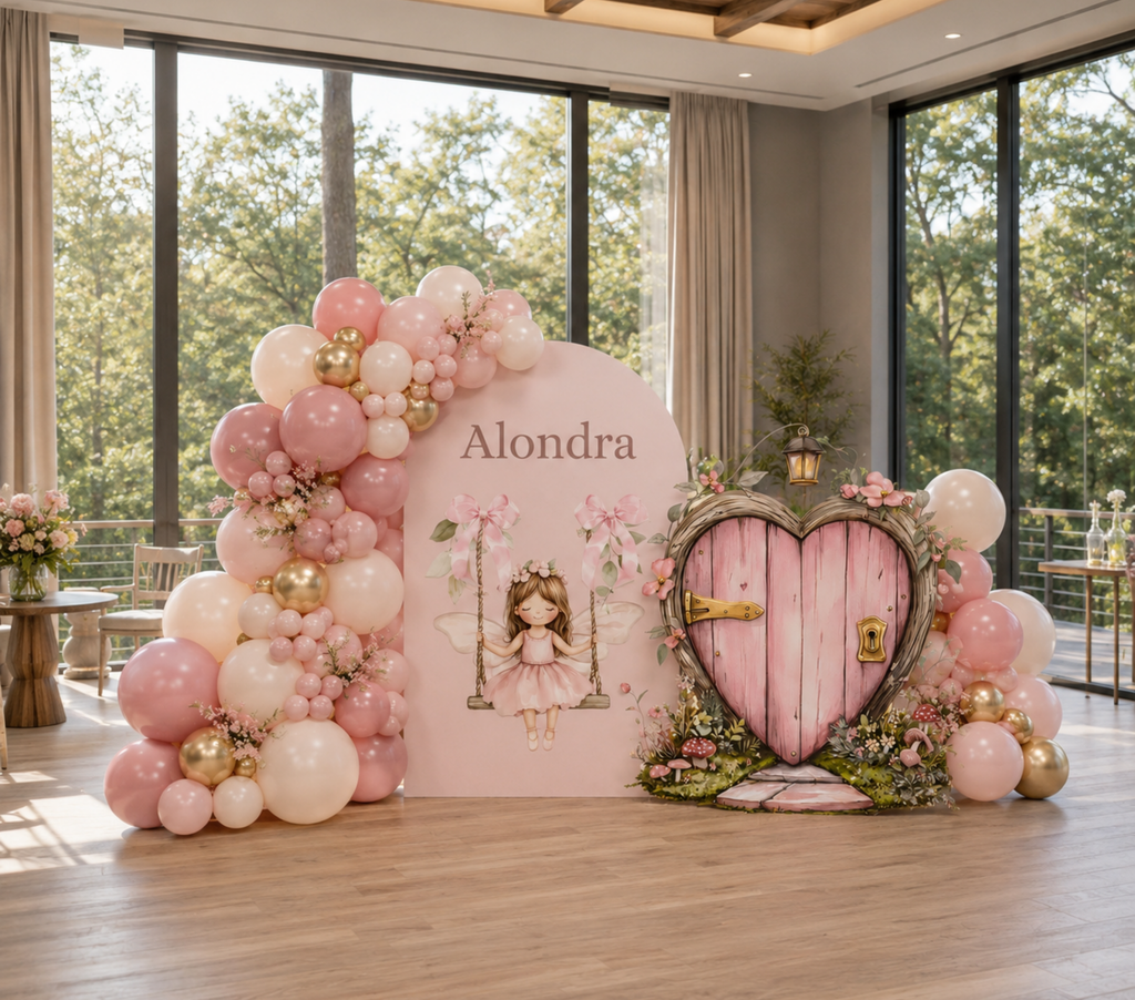 Personalized Pink Fairy Birthday Backdrop & Cutouts | Enchanted First Birthday Decorations
