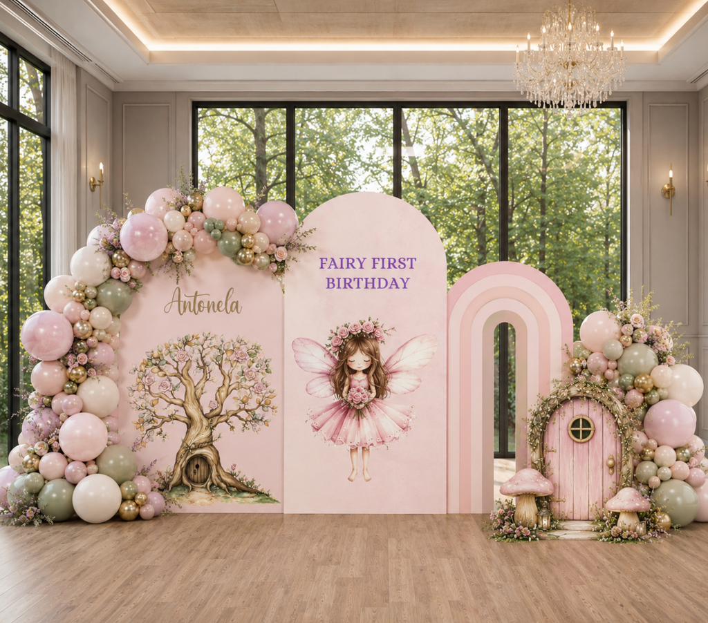 Personalized Pink Fairy Birthday Backdrop & Cutouts | Enchanted First Birthday Decorations