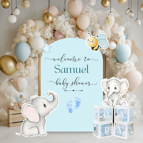 Blue Toile Baby Backdrop & Cutouts | Personalized Elephant First Birthday Decorations