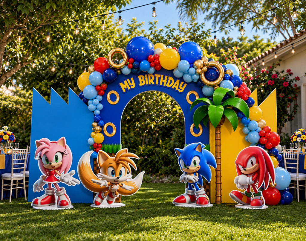 Custom Fast Blue Hedgehog Birthday Backdrop & Cutouts | Personalized Video Game Party Decorations
