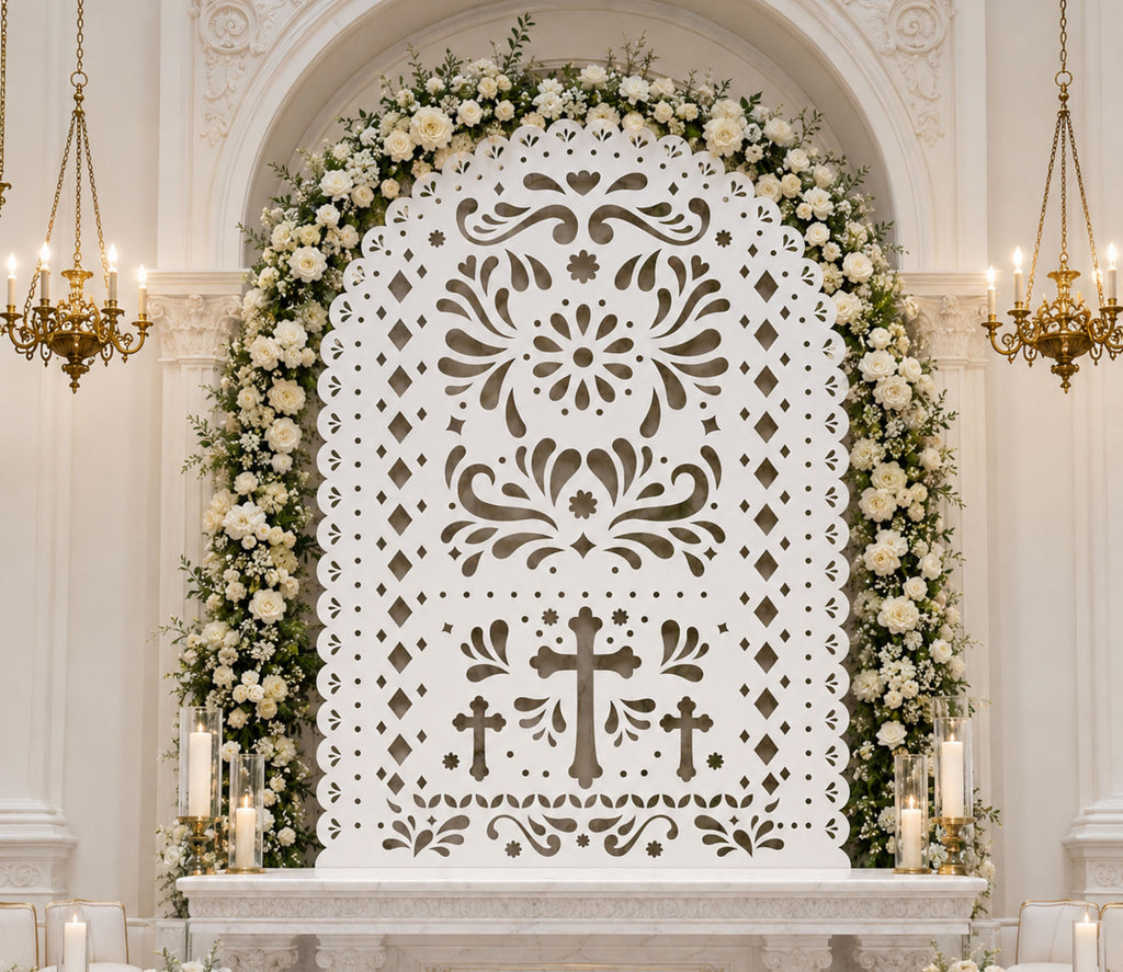 White religious papel picado backdrop with greenery for elegant baptism and Communion decor