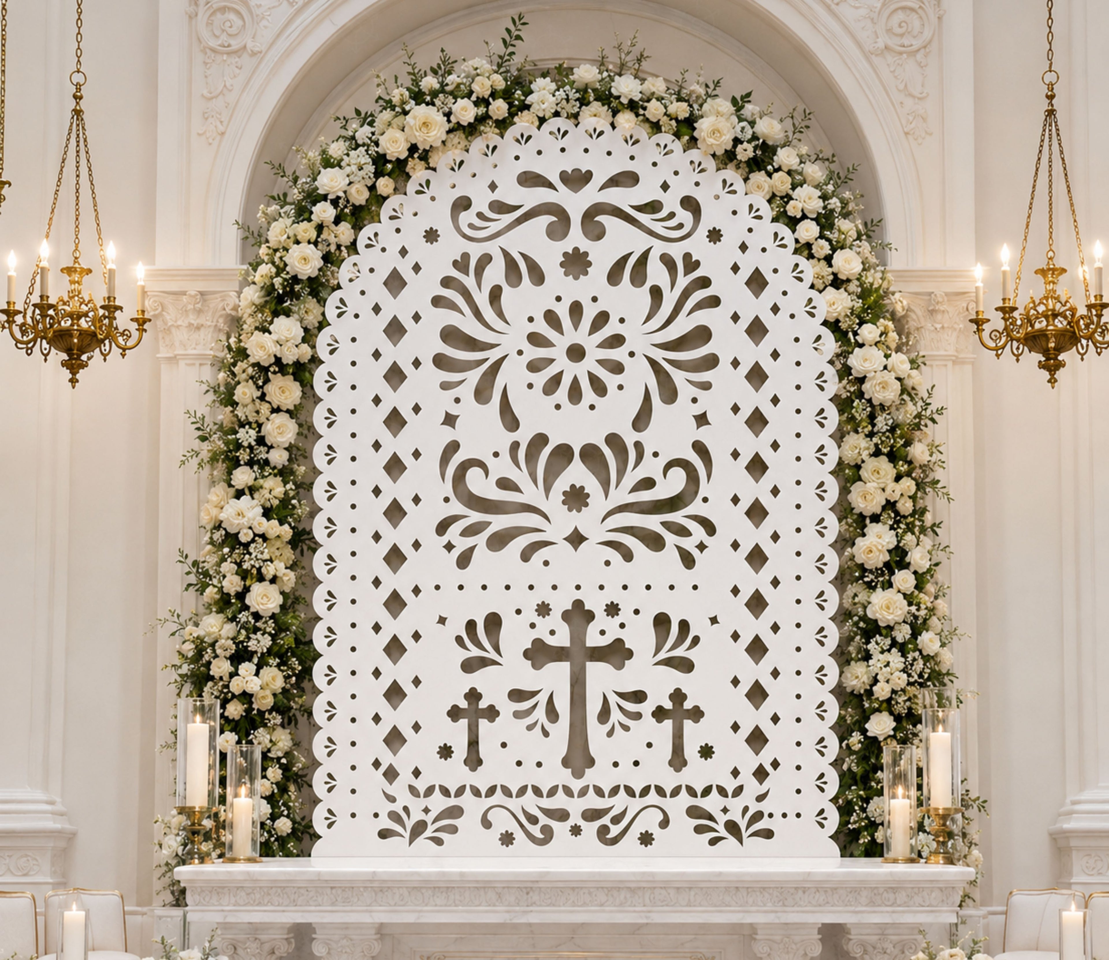 White religious papel picado backdrop with greenery for elegant baptism and Communion decor