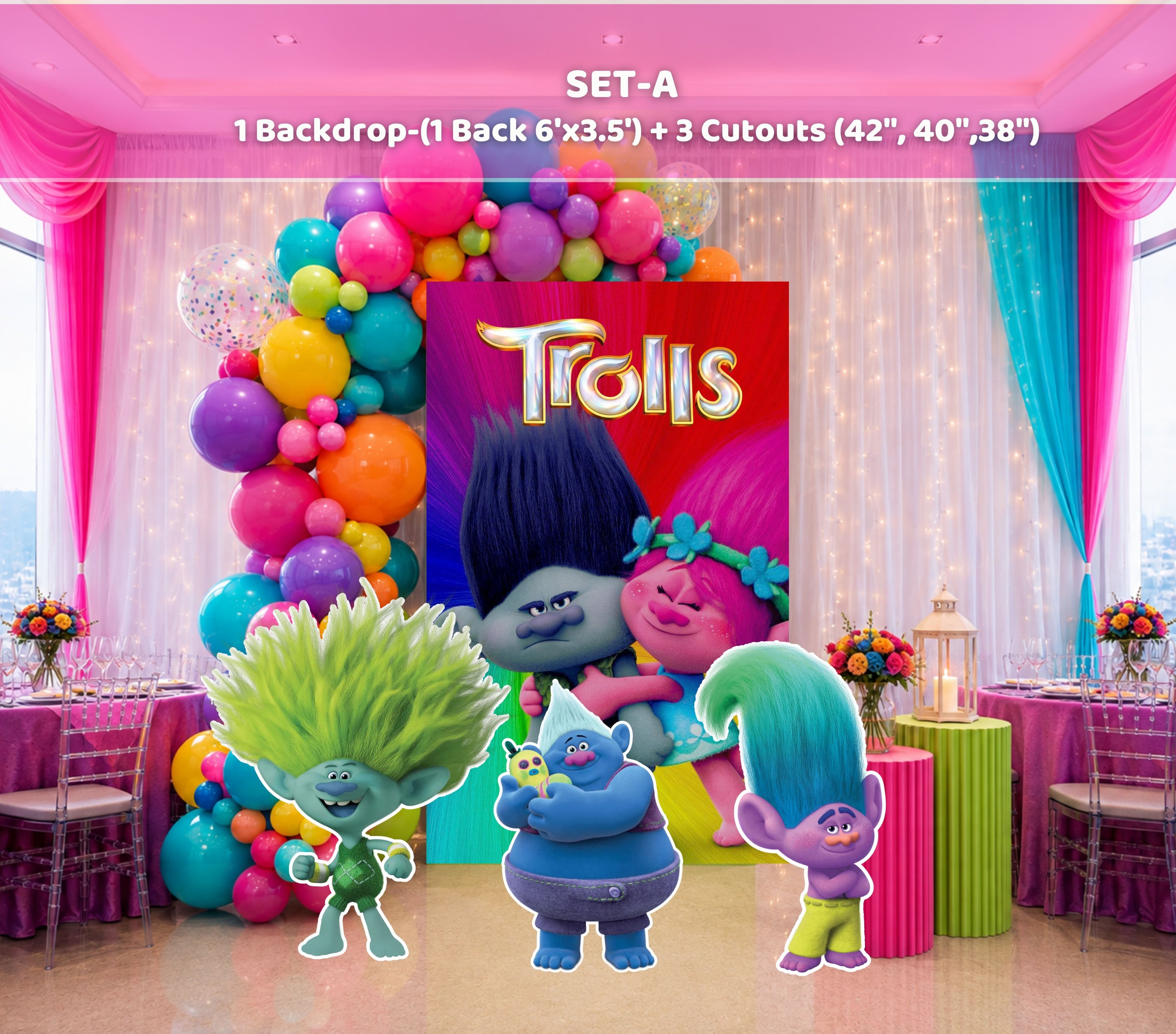 Custom Rainbow Hair Cartoon Birthday Backdrop & Cutouts | Colorful Kids Party Decorations