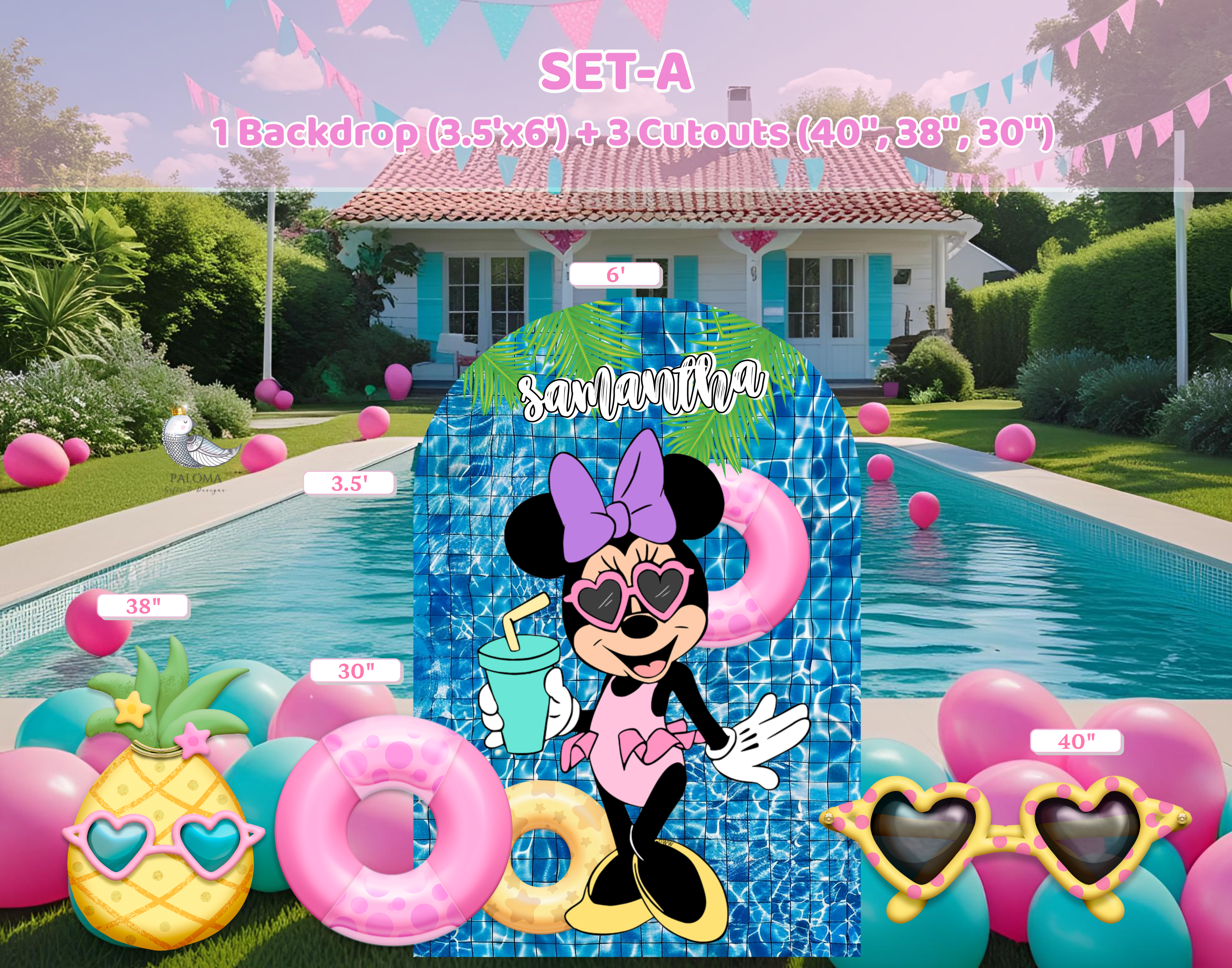 Personalized Minnie Mouse Pool Party Backdrop & Cutouts | Summer Birthday Decorations