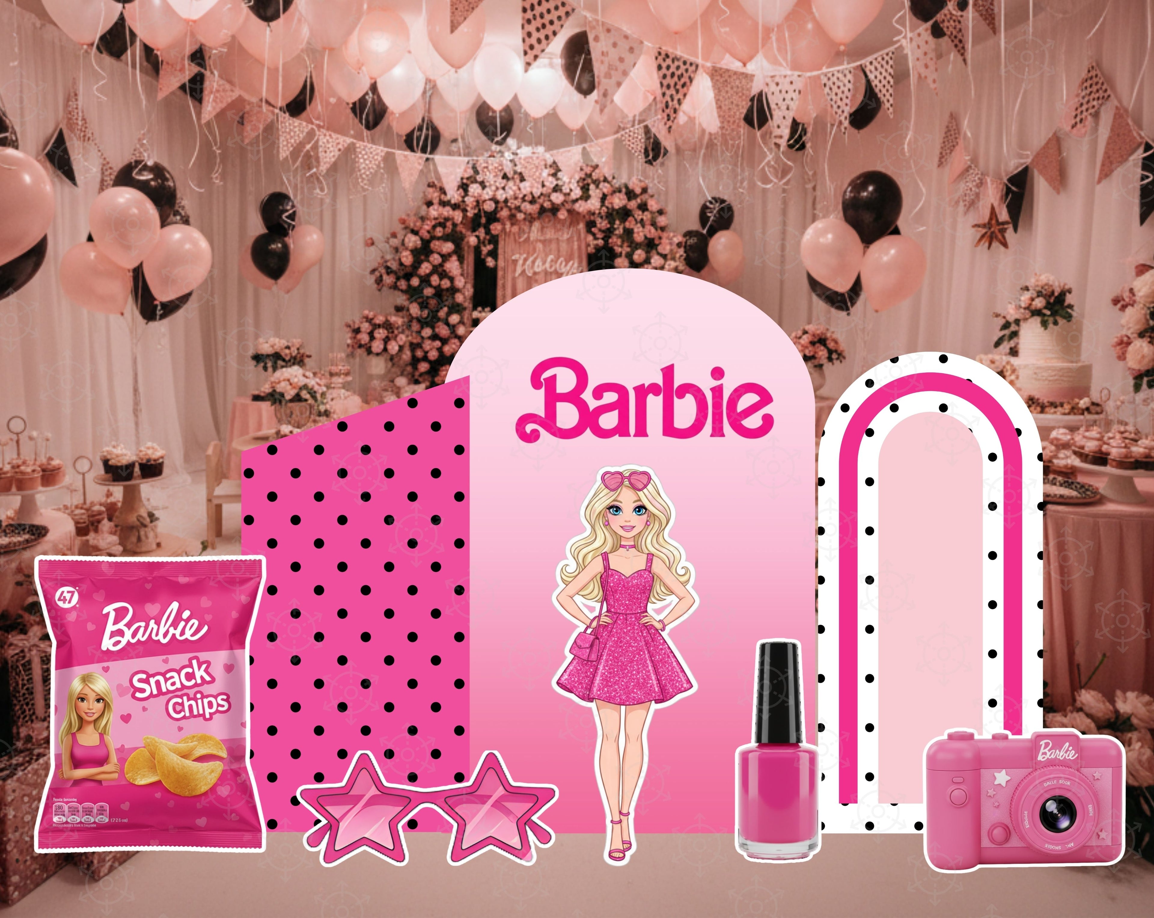Pink Doll Party Backdrop & Cutouts | Personalized Glam Girls Birthday Decorations